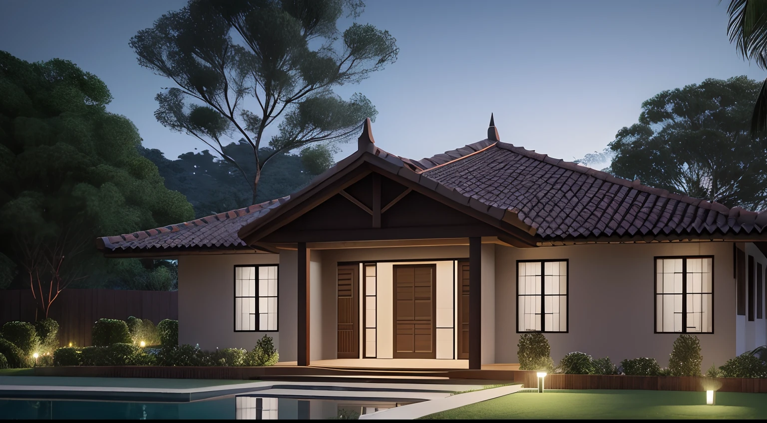 casa grande no meio da floresta,((estilo barroco)) Front view, campo gramado, night ligthning, super detalhada, Lumion Pro rendering, cinematic rendering