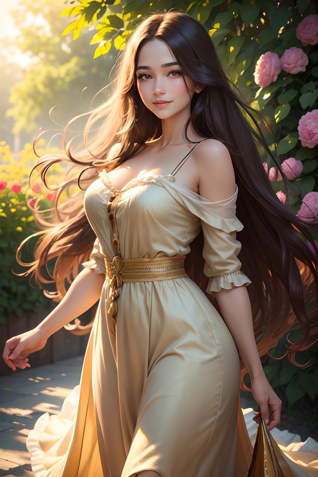 (best quality,ultra-detailed,photo-realistic:1.37),bright and vibrant colors,studio lighting,playful expression,stylish makeup, blossom,red long hair flowing in the wind,alluring eyes,glossy lips,sexy pose, smiling in a confident and seductive way,posing for a professional photoshoot,shallow depth of field,highlighting the main subject,soft natural lighting,creating a dreamy and magical atmosphere.
