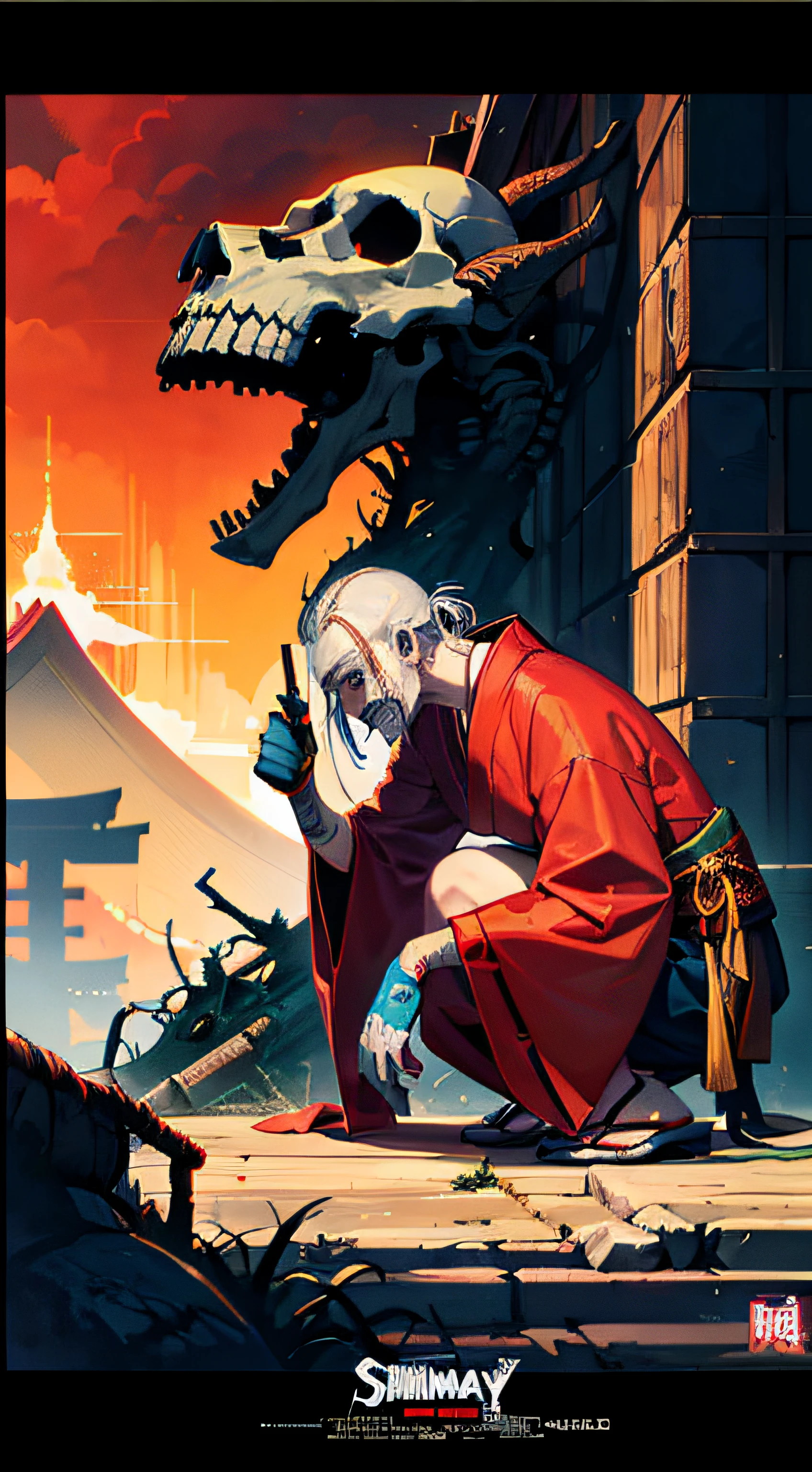 Movie Poster, horror Movies,Movie Based Foundation (((man))), (((tmasterpiece))), (((AS-Adult))), ((( Japanese ))), Look up from your knees, zombie samura, ((( Asian))), Wear gloves on your hands,rotting flesh, skull, Simon Bisley, For high-resolution movie posters, hair straight, tribal tattoos, Japan