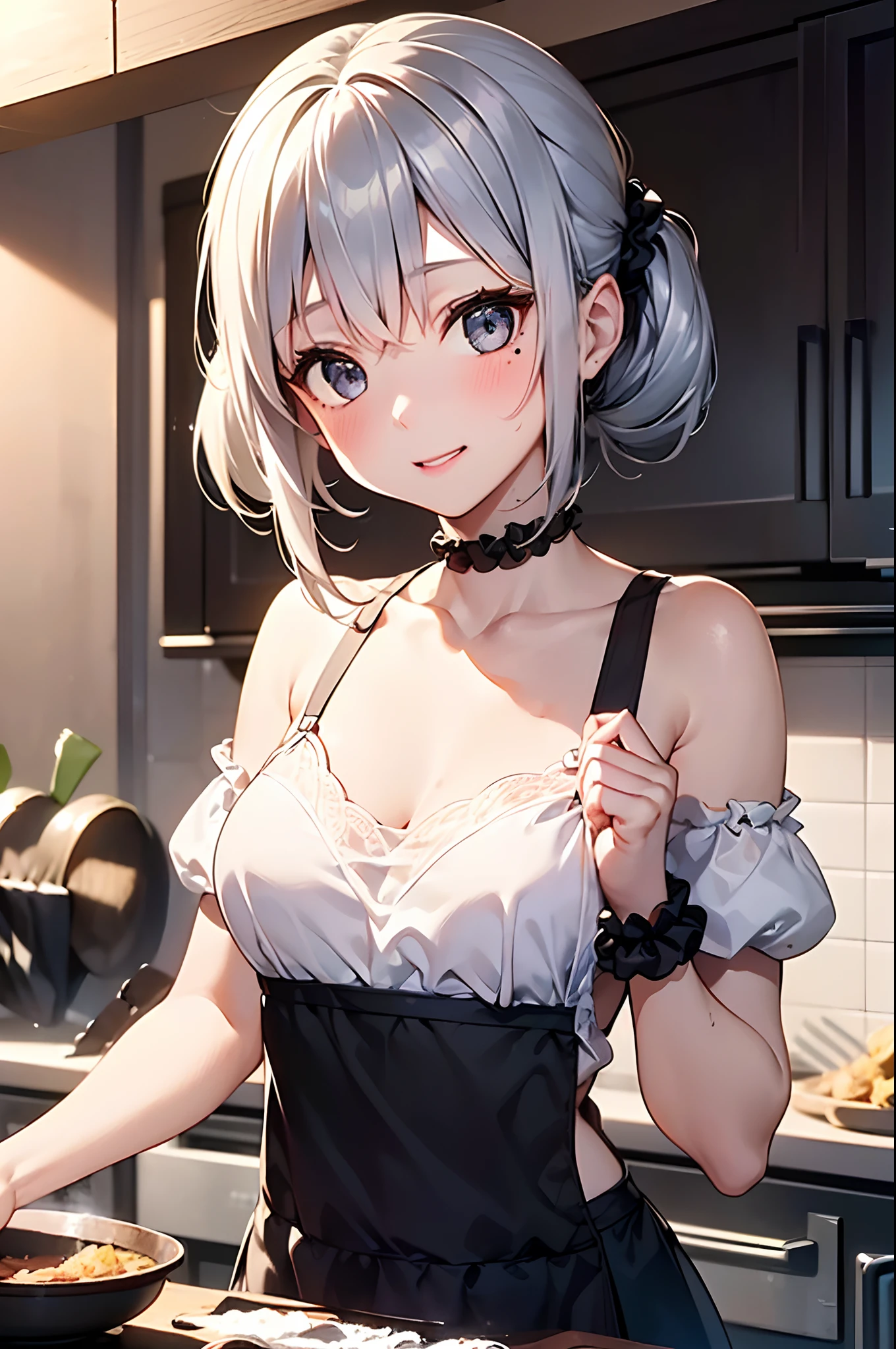 (from above:1.2),(from side:0.6),(Close-Up:0.4), (A masterpiece of image quality in 8K),(Beautiful Allafed Woman),(((emphasizing breasts:1.1))),(Dynamic angles),(Dynamic and sexy bending pose:1.3),(sit a chair:1.2),(Short hair in shiny silver and orange inner colors,small full breasts,Disturbance of clothing due to movement,breast slip,(Ponytail twisted buns adorned with elaborate braids and beads,Braided Setup Fishbone Hair:1.2),(see-through bangs),small breasts,(((A brown lace apron that shows your bare skin from under your small breasts.......)))、garters,Blush with embarrassment、Enraptured eyes、 little open mouth,A smile that beguiles the viewer、(Look back:1.2)、Look into the photographer,skin glistening with sweat,gazing at viewer,,(Professional Lighting),(masutepiece,top-quality,Ultra-high resolution output image,),(Ultra HD with complex detail image modes),depth of fields,Beautiful hands,Beautiful fingers,Detailed finger features,(Detailed hair features:1.7),detailed facial features,detailed clothes features,