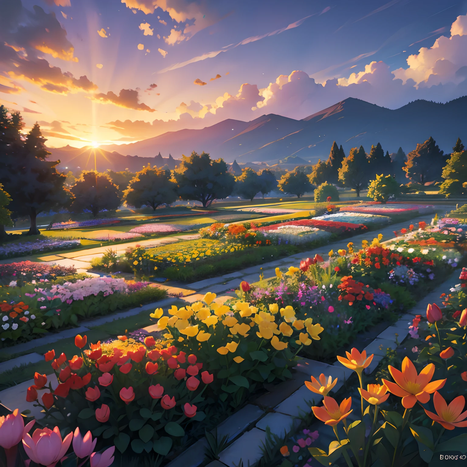 Beautiful  flower garden in sunset hd
