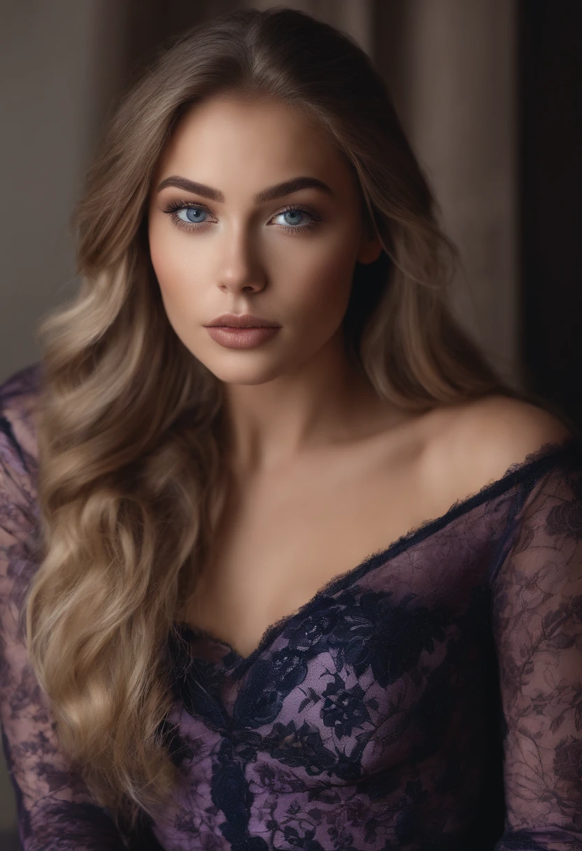 Arafed woman completely , fille sexy aux yeux bleus, ultra realist, Meticulously detailed, Portrait Sophie Mudd, cheveux blonds et grands yeux, selfie of a young woman, Yeux de chambre, Violet Myers, sans maquillage, maquillage naturel, looking straight at camera, Visage avec Artgram, Maquillage subtil, Superbe photo du corps entier dans une chambre, in the bedroom, Medium to large bust, lingerie en soie noire