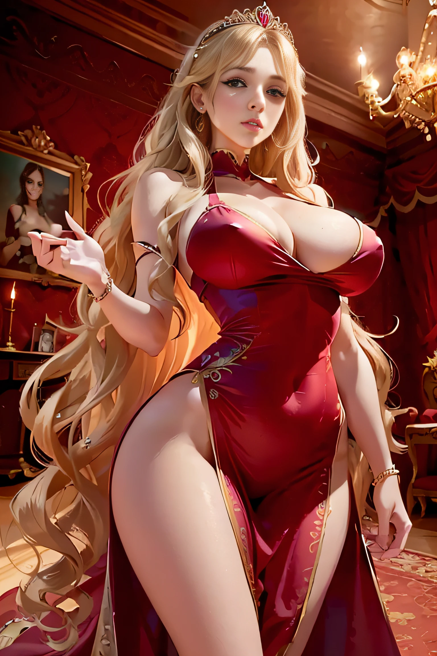 masterpiece, best quality, expressive eyes, perfect face, 1 girl, big eyes, looking at viewer, large breast, big breast, bigger breast, small waist, smooth skin, mouth half open, Best Quality, Realistic, portrait, perfect figure, highly detailed, with earrings, two legs, two arms, wearing earrings, big , princess clothes, wearing a tiara, in a castle, high ceiling room, red and gold tight gown, showing cleavage, long dress, areola visible, exposed, showing breasts, long blonde wavy hair