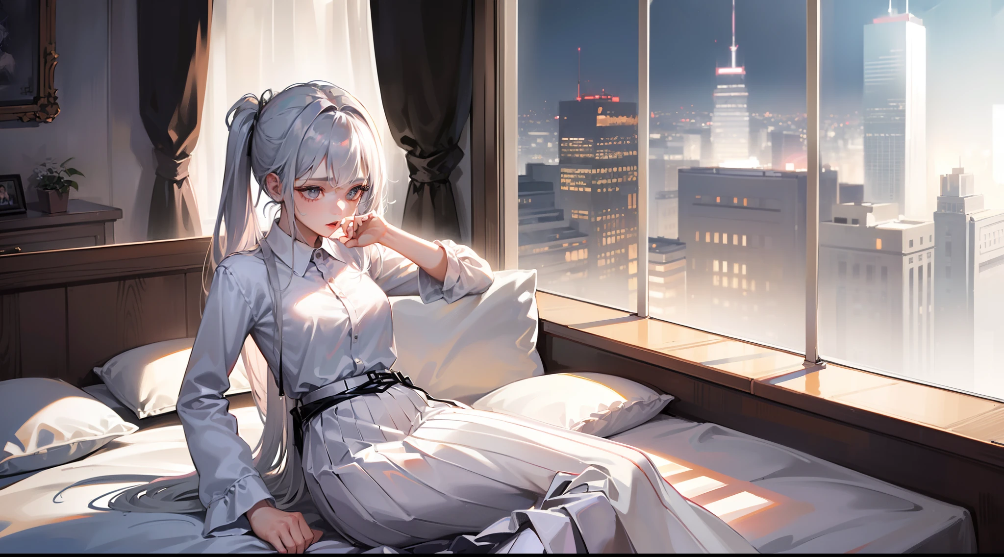 (((1 girl)),Ray tracing,(Dim lighting),[Detailed background (Bedroom)),((Silver hair)),((Silver hair)),(Fluffy silver hair, plump and slender girl))) with high ponytail))) Avoid golden eyes in the ominous bedroom ((((Girl wears a white shirt, Black pleated S...