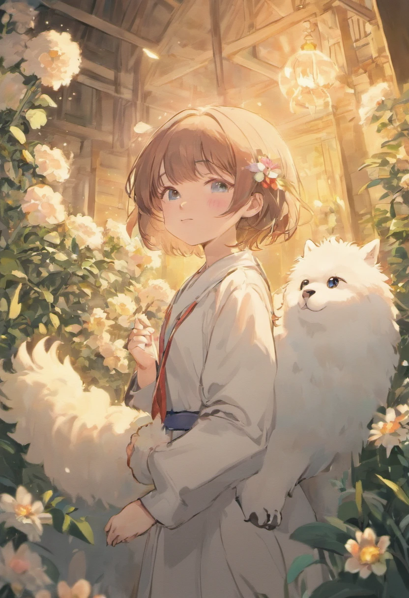 A  and a fluffy white alpaca, flowers, smile, short brown hair, long ear, blue eyes, wear glasses