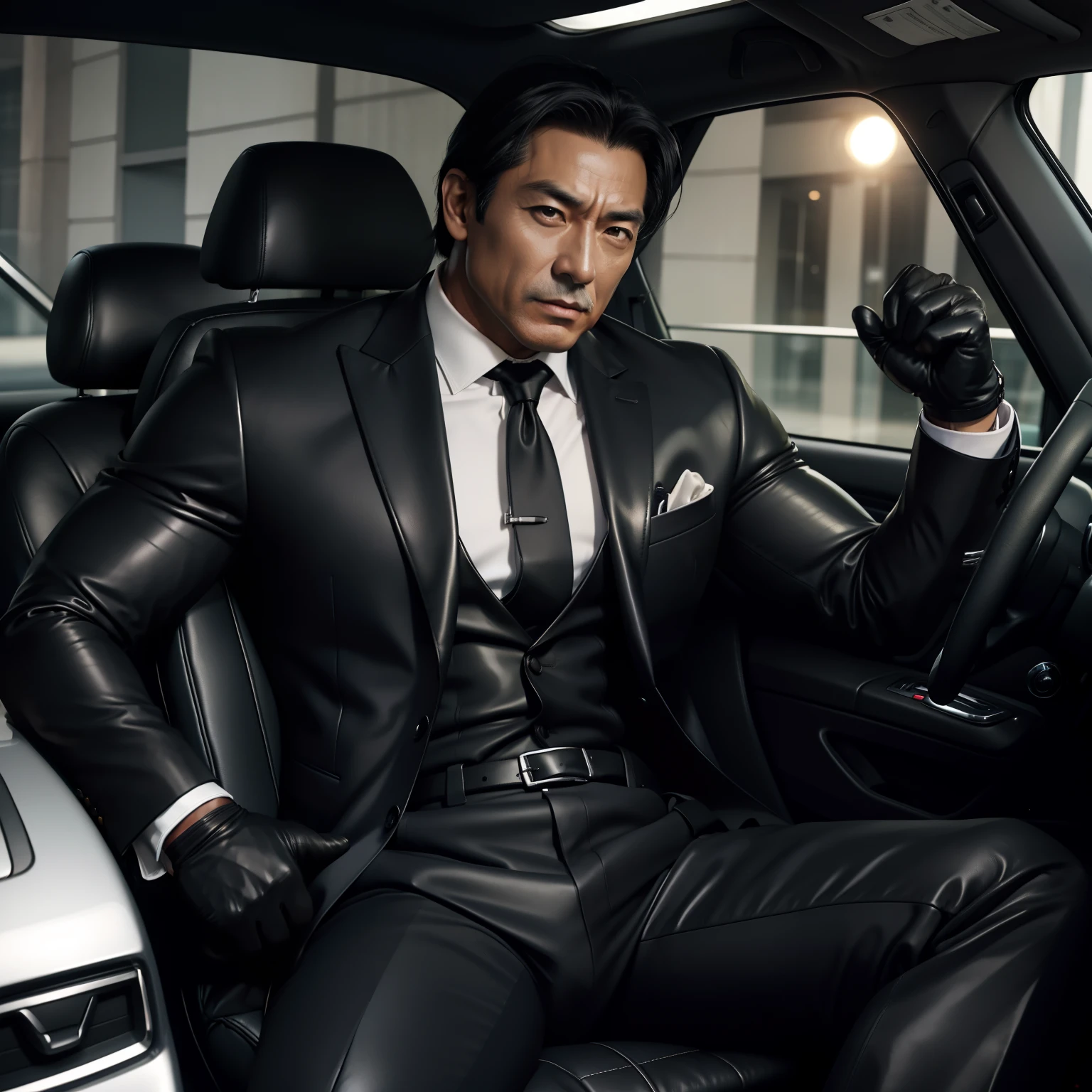 50 years old,daddy,shiny suit sit down in car,k hd,in the office,muscle, gay ,black hair,asia face,masculine,strong man,the boss is,handsome,sex,leather gloves