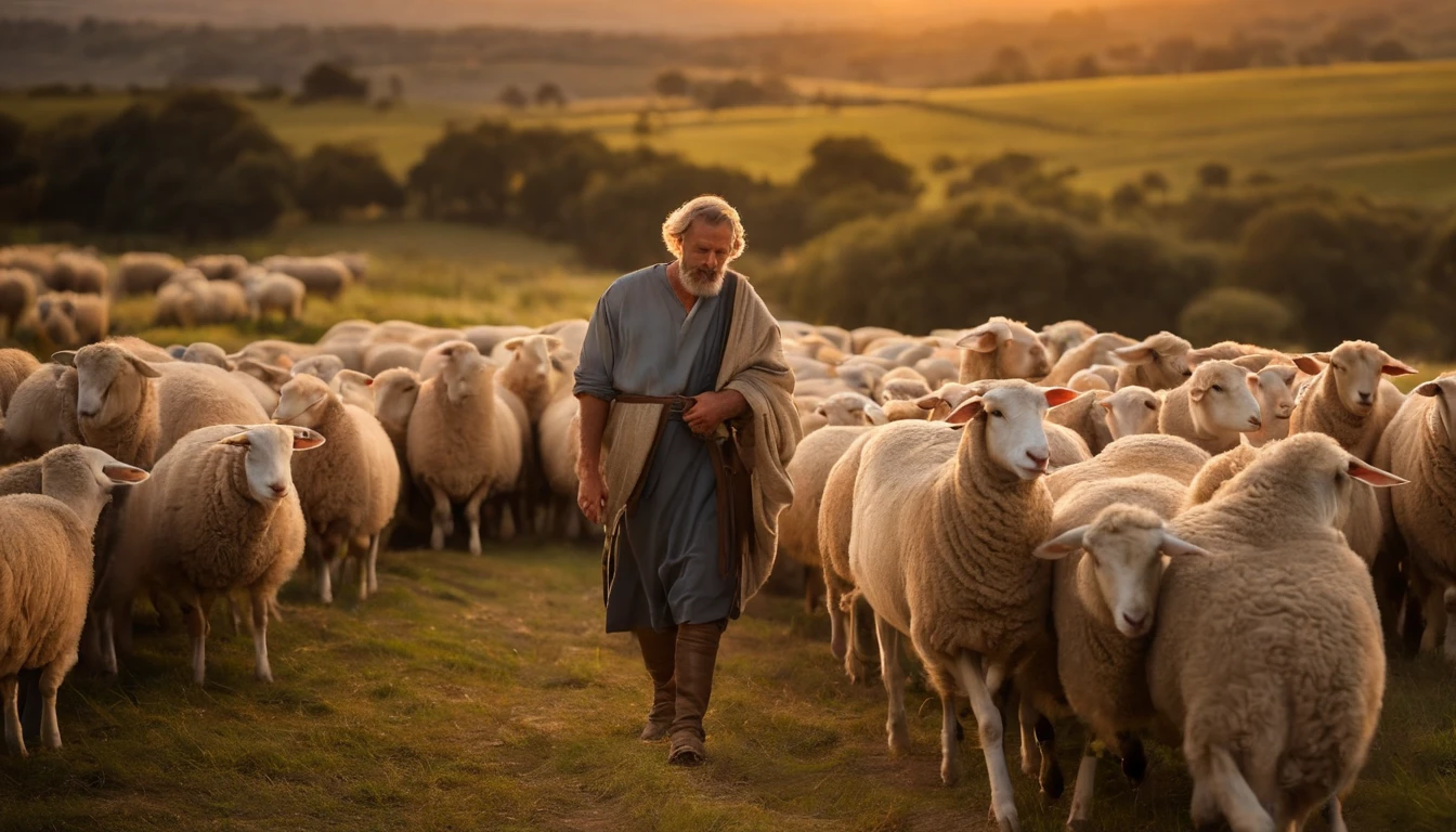 (Biblical times) David Bible Tending the Sheep: Crie uma cena de Davi como pastor de ovelhas, com um rebanho no campo e ele cuidando carinhosamente delas. (personagem biblico) Povos judeus, His gaze is charged with hope, is looking to the right of the image, profundidade de campos, Bokeh, Realismo de Hentail, fotorrealista, Realismo ultrarrealista, Fotografado profissional, 8k UHD , Digital SLR, HDR , Primary tablet, melhor qualidade, filme granular, Pinturas fotorrealistas, Fujifilm XT3