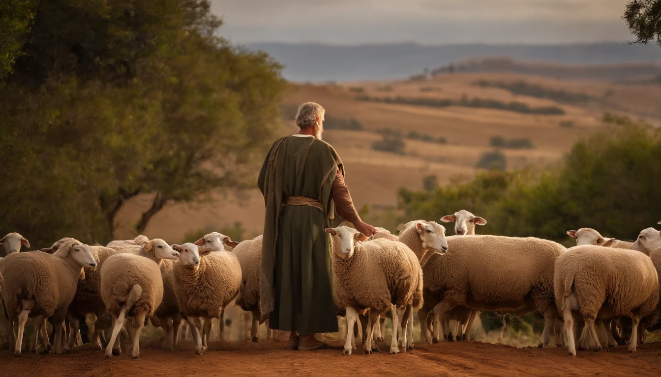 (Biblical times) David Bible Tending the Sheep: Crie uma cena de Davi como pastor de ovelhas, com um rebanho no campo e ele cuidando carinhosamente delas. (personagem biblico) Povos judeus, His gaze is charged with hope, is looking to the right of the image, profundidade de campos, Bokeh, Realismo de Hentail, fotorrealista, Realismo ultrarrealista, Fotografado profissional, 8k UHD , Digital SLR, HDR , Primary tablet, melhor qualidade, filme granular, Pinturas fotorrealistas, Fujifilm XT3