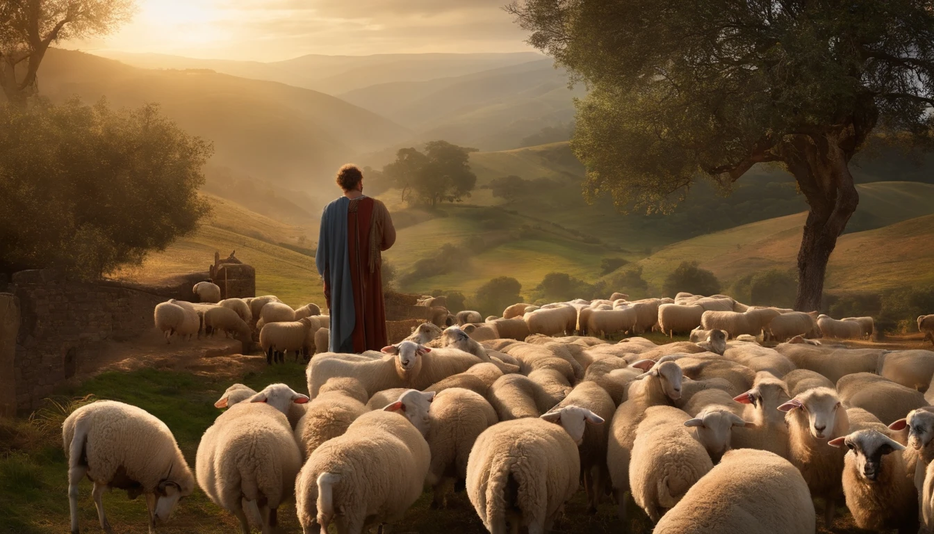 (Biblical times) David Bible Tending the Sheep: Crie uma cena de Davi como pastor de ovelhas, com um rebanho no campo e ele cuidando carinhosamente delas. (personagem biblico) Povos judeus, His gaze is charged with hope, is looking to the right of the image, profundidade de campos, Bokeh, Realismo de Hentail, fotorrealista, Realismo ultrarrealista, Fotografado profissional, 8k UHD , Digital SLR, HDR , Primary tablet, melhor qualidade, filme granular, Pinturas fotorrealistas, Fujifilm XT3