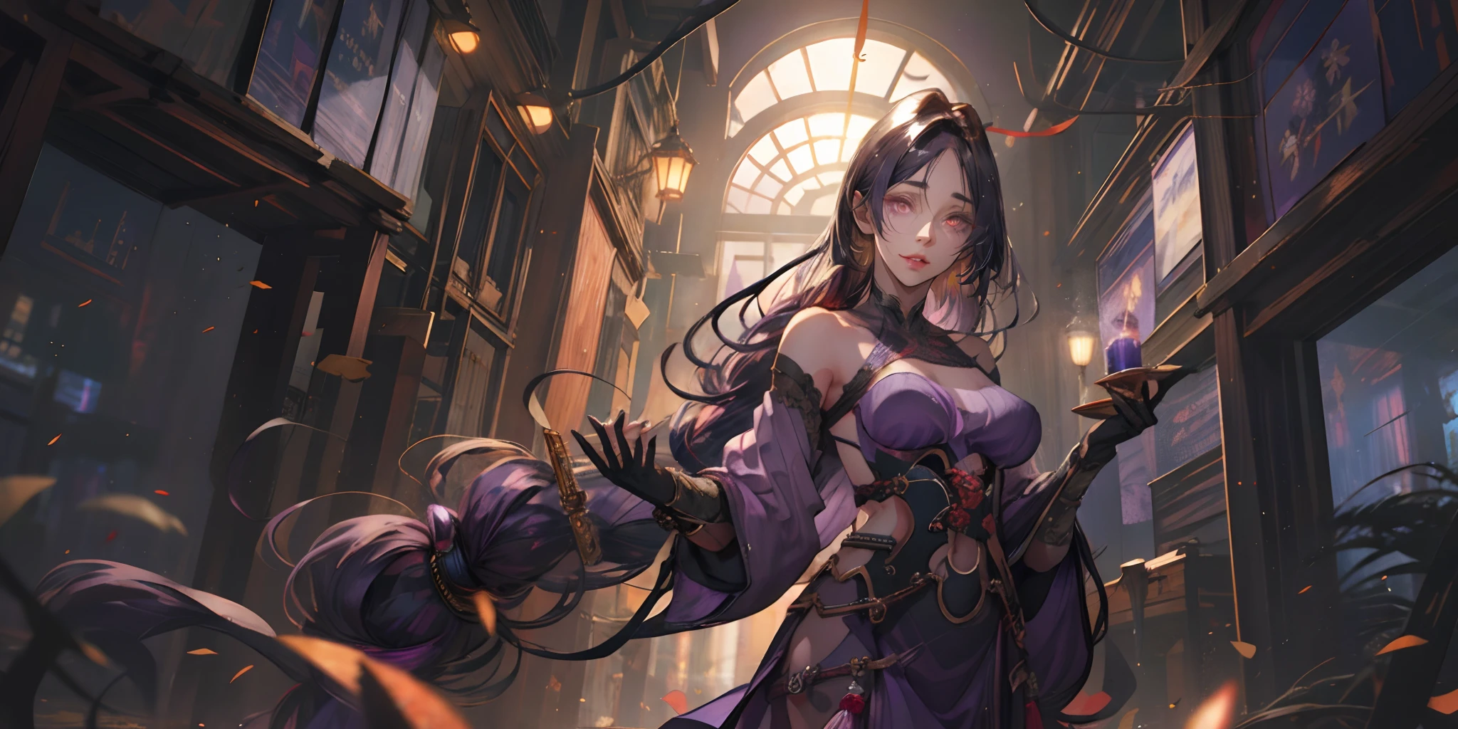 hmmr1, minamoto no raikou (fate), (dark-purple hair, long hair:1.7), purple eyes, epic art, fantasy art, 1girl, breasts, solo, sword, looking_at_viewer, armor, bare_shoulders, purple_kimono, gloves, cleavage, large_breasts, japanese_clothes, lantern, kusazuri, floating_hair, indoors, standing, holding, candle, glow effects, godrays, Hand drawn, render, 8k, octane render, cinema 4d, blender, dark, atmospheric 4k ultra detailed, cinematic, Sharp focus, big depth of field, Masterpiece, colors, 3d octane render, 4k, concept art, trending on artstation, hyperrealistic, Vivid colors, extremely detailed CG unity 8k wallpaper, trending on CGSociety, Intricate, High Detail, dramatic,