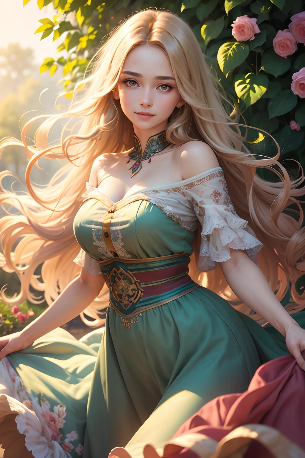 (best quality,4k,8k,highres,masterpiece:1.2),ultra-detailed,realistic color grading,portrait,studio lighting,vibrant colors,natural skin tones,soft shadowing,warm highlights,subtle color variations,lively atmosphere,high fidelity,sharp focus,A girl in a garden,sunlit garden,lush greenery,colourful flowers,golden hour lighting,beautiful detailed eyes and face,loose flowing hair,radiant smile,flowing dress,vivid background,blurred foreground,expertly retouched image