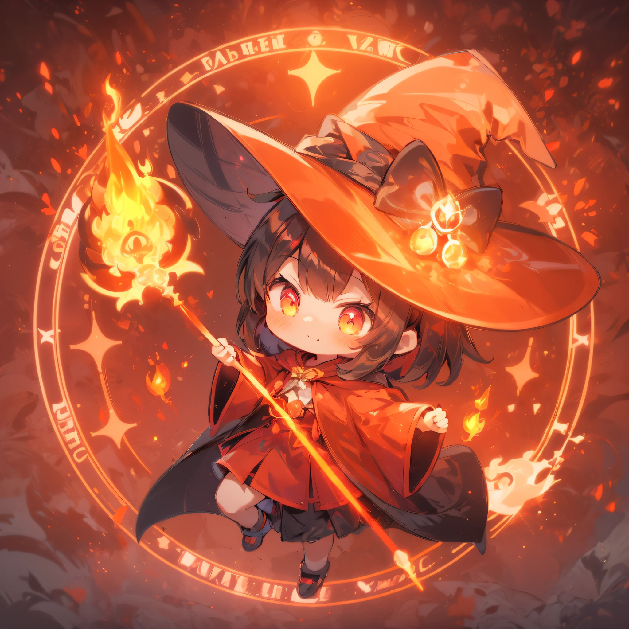 (Ruby Masterpiece 1.3), (Best Quality), (ultra-detailliert), (girl with), (Solo), (Cool), Full body, (Hold the mage's wand:1.10), Skirt, shoes, Ahoge, (witch's robe:1.4), (Witch Hat), (Dynamic Pose:1.6), (((Chibi Character))), (((Deformed))), (Flame effect:1.3), (Sparks are flying:1.5), (Aura of Flame:1.5), (Night Field:1.1), (Flame Magic:1.2) ,(Magic Circle:1.2), (Flame background)