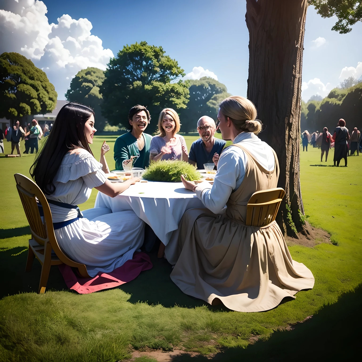 Few people sitting in a circle the grass without table joyful