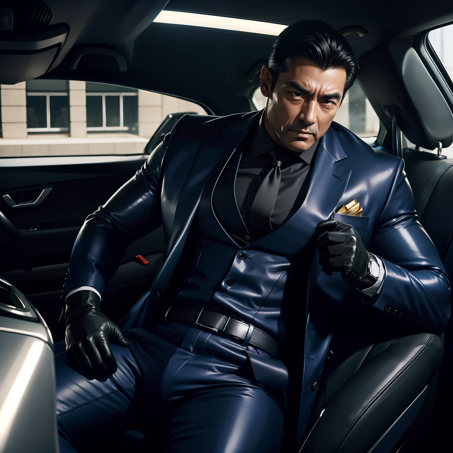 50 years old,daddy,shiny suit sit down in car,k hd,in the office,muscle, gay ,black hair,asia face,masculine,strong man,the boss is,handsome,sex,leather gloves