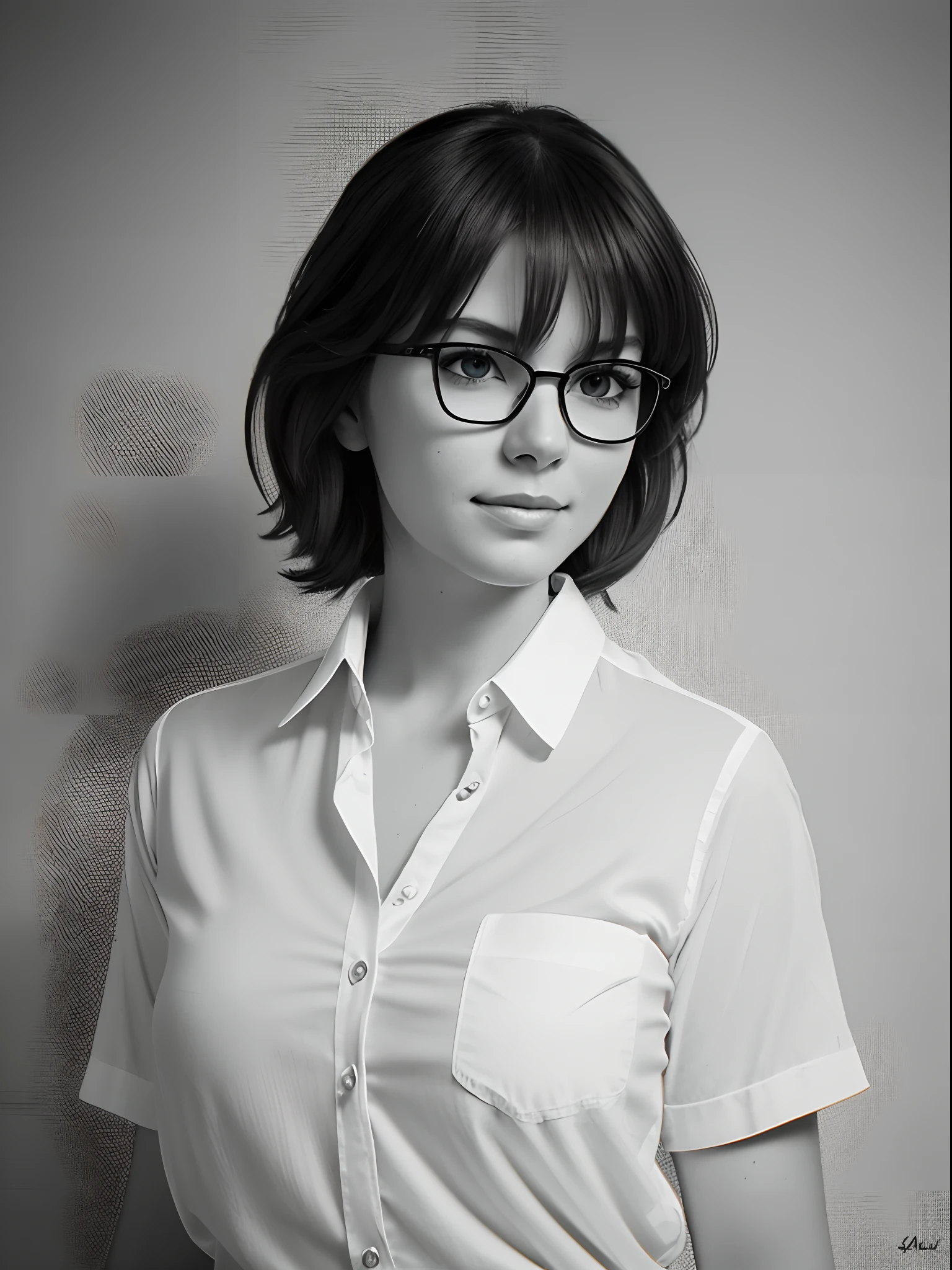 Realistic Graphite Pencil Portrait; Modern Young Woman 38 Years Old, round face, Big shiny brown eyes, eyeglasses, One-sided smirk, Long brown thick tousled hair down to the middle of the back; White loose-fitting silk shirt unbuttoned, neat sharp petite breasts, Very fluffy long thick disheveled shaggy pubic hair (nude underneath); Sarcastic look; natural light; Monochrome image