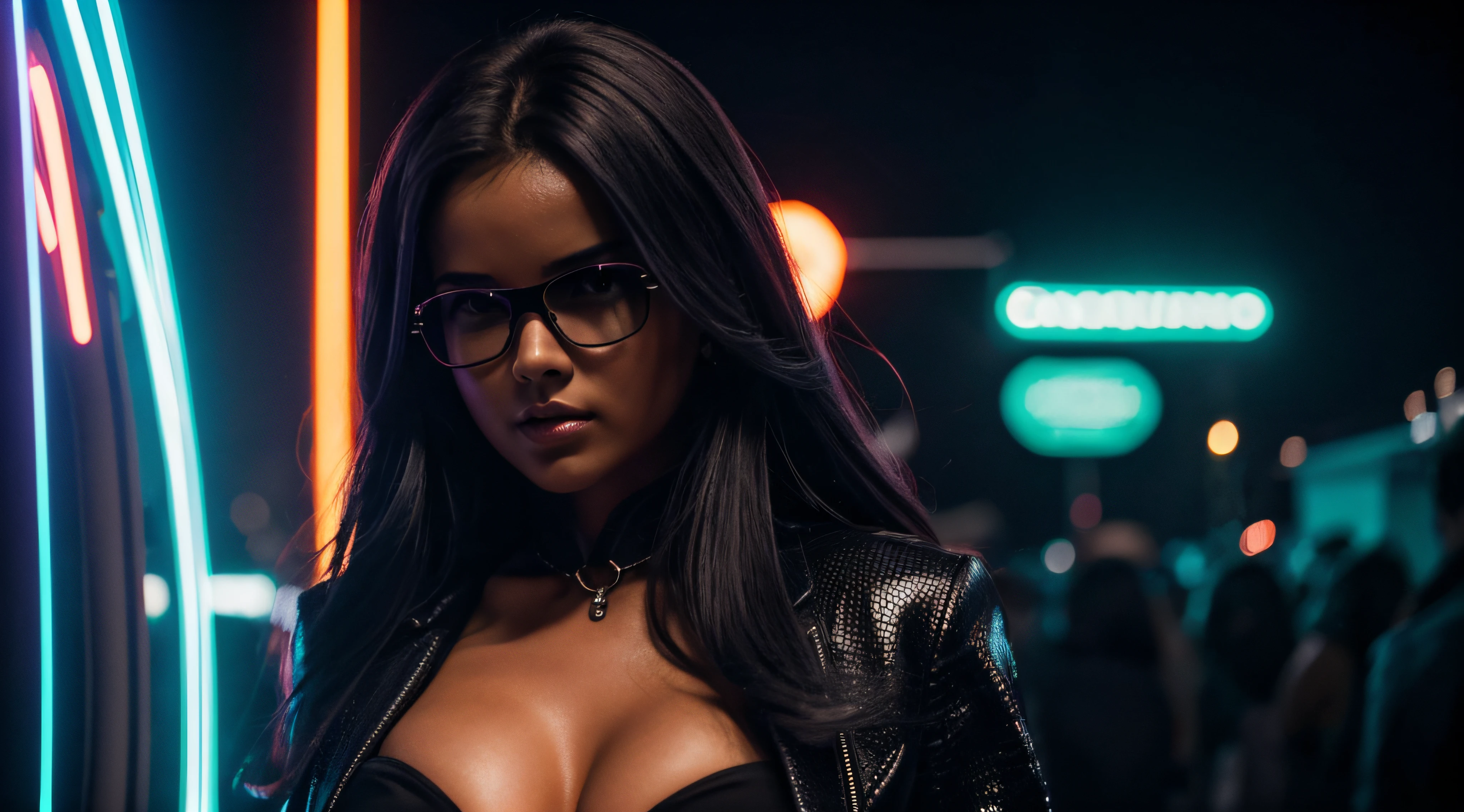 ((master part)), (((melhor qualidade))), ((ultra-detalhado)), (Amazing:1.1), com roupa de couro preta, festa, noite, neon, Foto premiada, BLN-L24, exposure,Alto contraste,low saturation,high saturation 8k 3D, f 2.8 lentes, Cinematic lighting