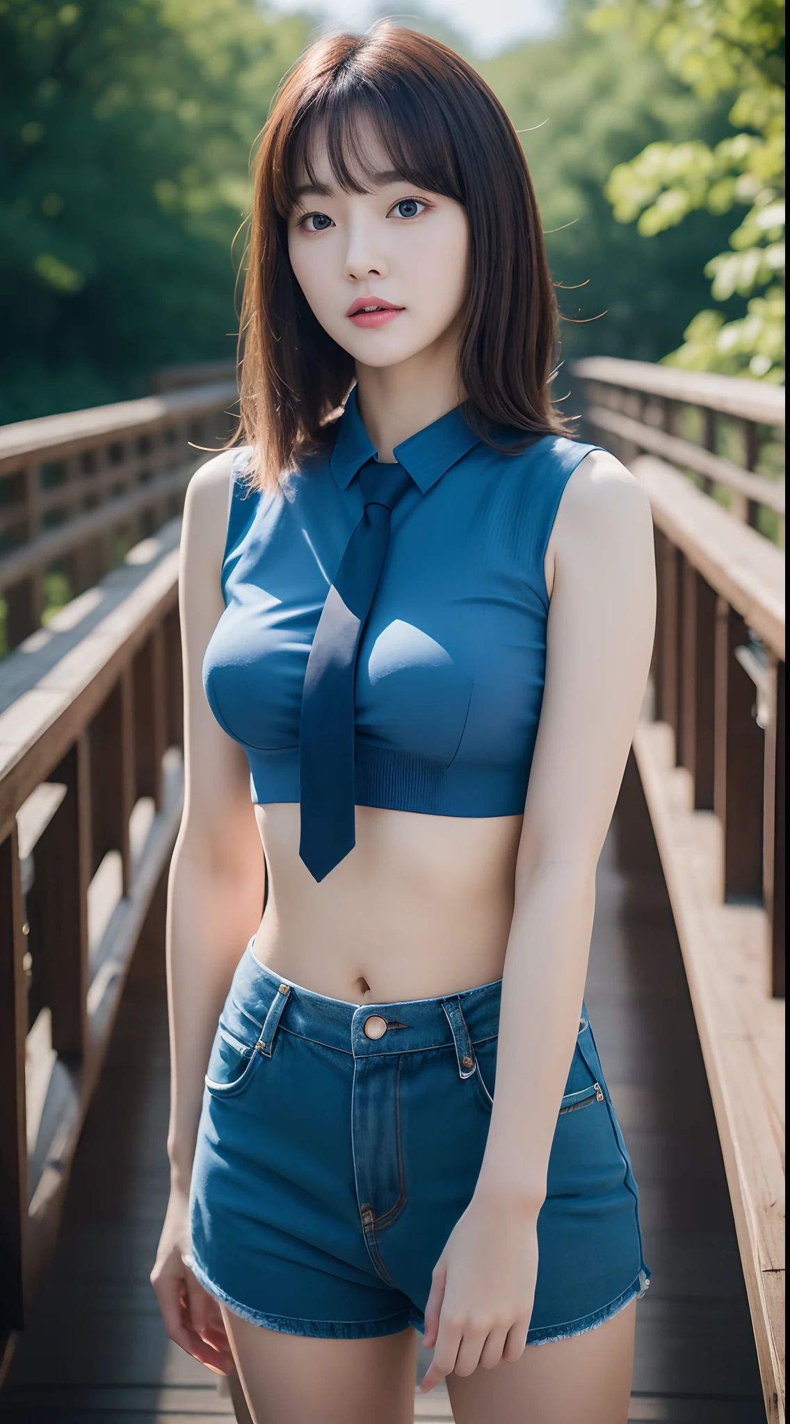 Realistic photos of 1cute Korean star, straight medium hair, 32 inch breasts size, wearing blue waist tie crop top, standing on wooden bridge, close-up portrait, cinematic lightning, UHD