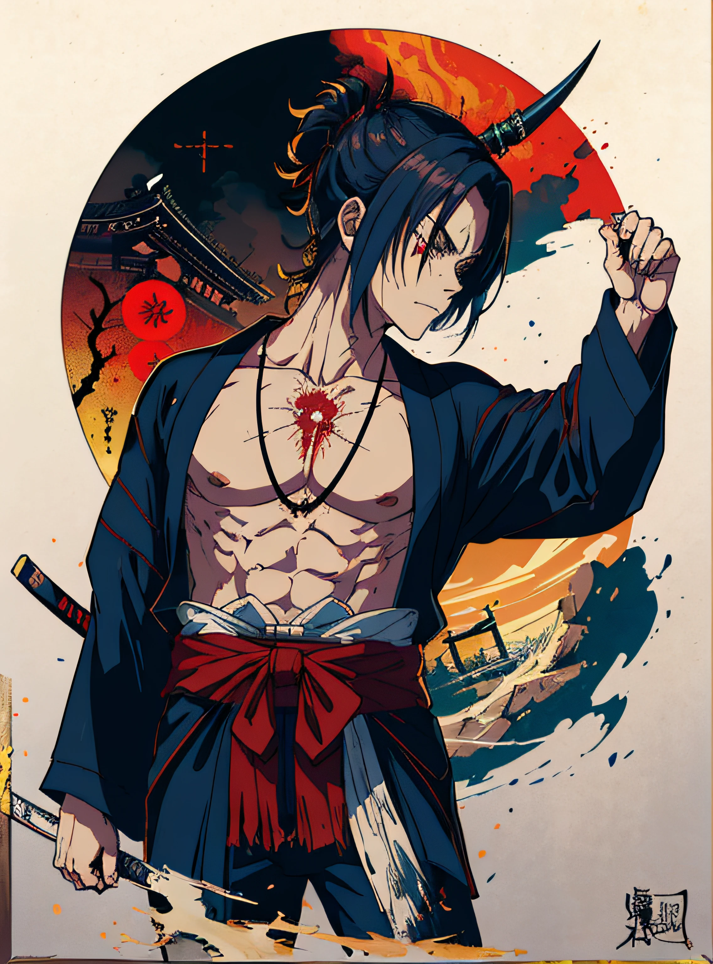 (Best Quality, Masterpiece), A cinematic movie poster for an horror film, zombie samurai, Japan, determined, action-packed, horror, beams, cinematic, fade, evil demon in the background overhead