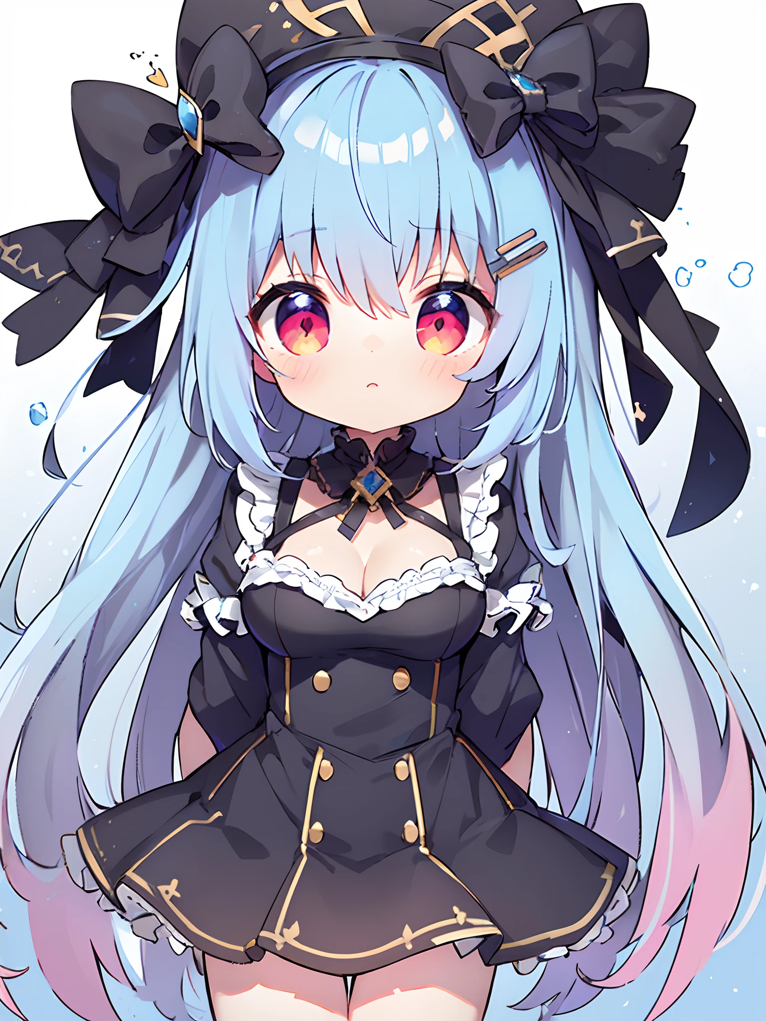 abstract backgrounds,Sticker,(Rough lines),Cute poor milk,tchibi,Cartoon,light blue hair,blue,tmasterpiece, best qualityer, (marten:1.2), one-girl, dark red eye, Crimson pupils,light blue hair, hair adornments, Red and blue hairpins, Single focus, Very long hair, long whitr hair, face to the viewer, Lori huge breasts cleavage,Young and delicate and beautiful, looking at viewert, Dark blue bow on the head, There is a white bow in front of the skirt, Blushlush, sportrait, Face focus, (The arms are behind the back), (vibrant with colors,vividness,rays of sunshine,warmly lit:1.2),(Wear a dark blue bow,It has red and purple stripes on it)