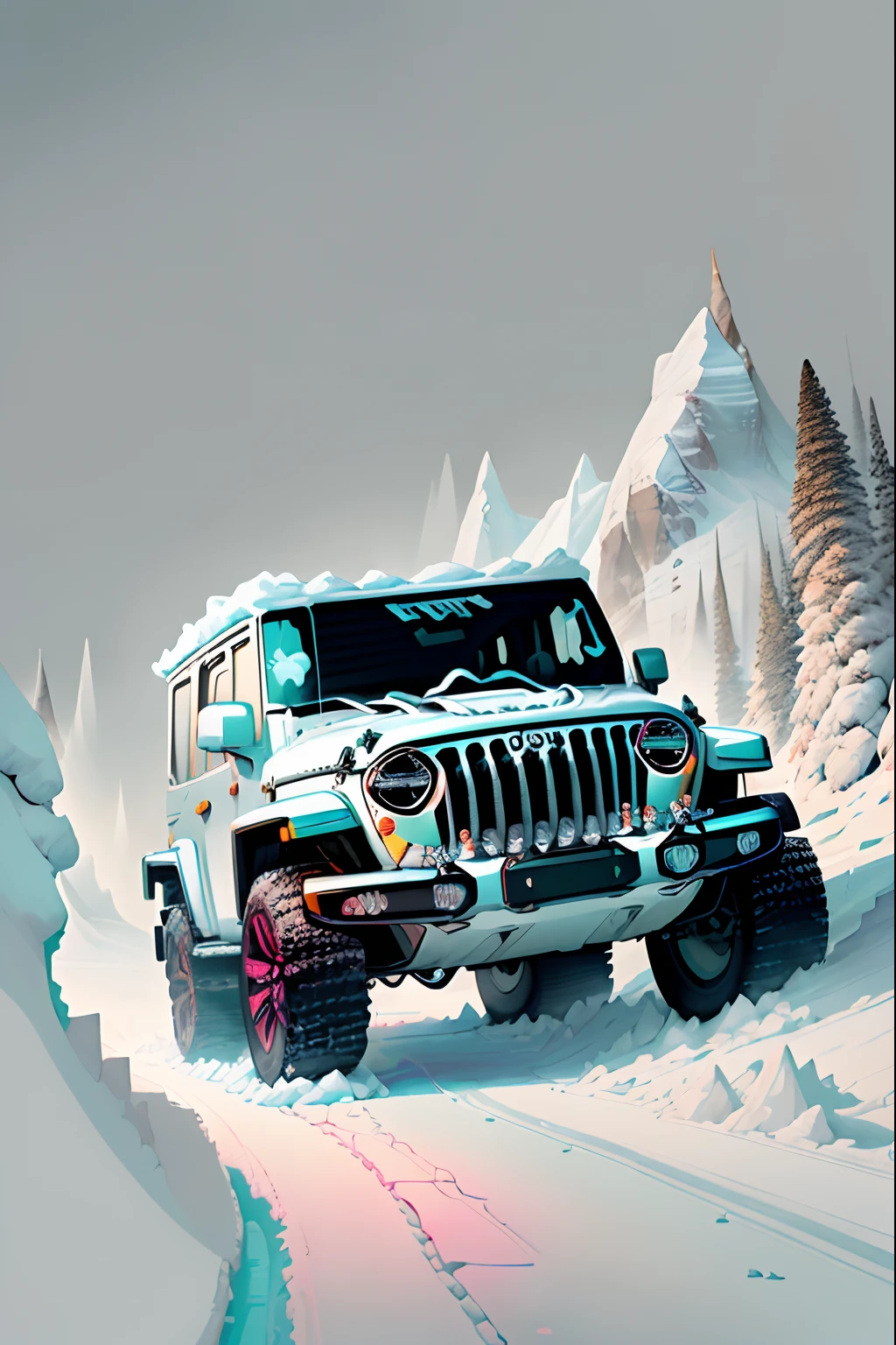 A luxury jeep on an ice road in mountainous areas, isolated white background, t-shirt design, colorful, printable