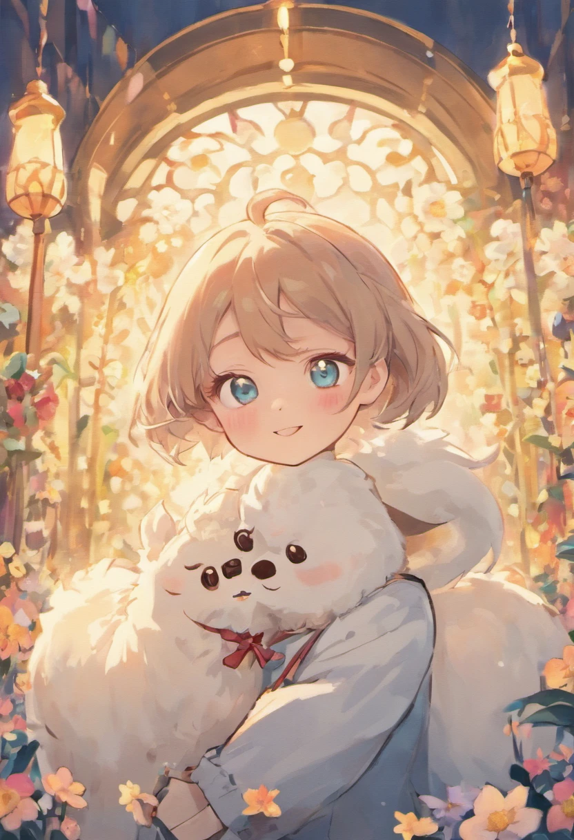 A little girl and a fluffy white alpaca, flowers, smile, short brown hair, elf ear, blue eyes, wear glasses, chibi