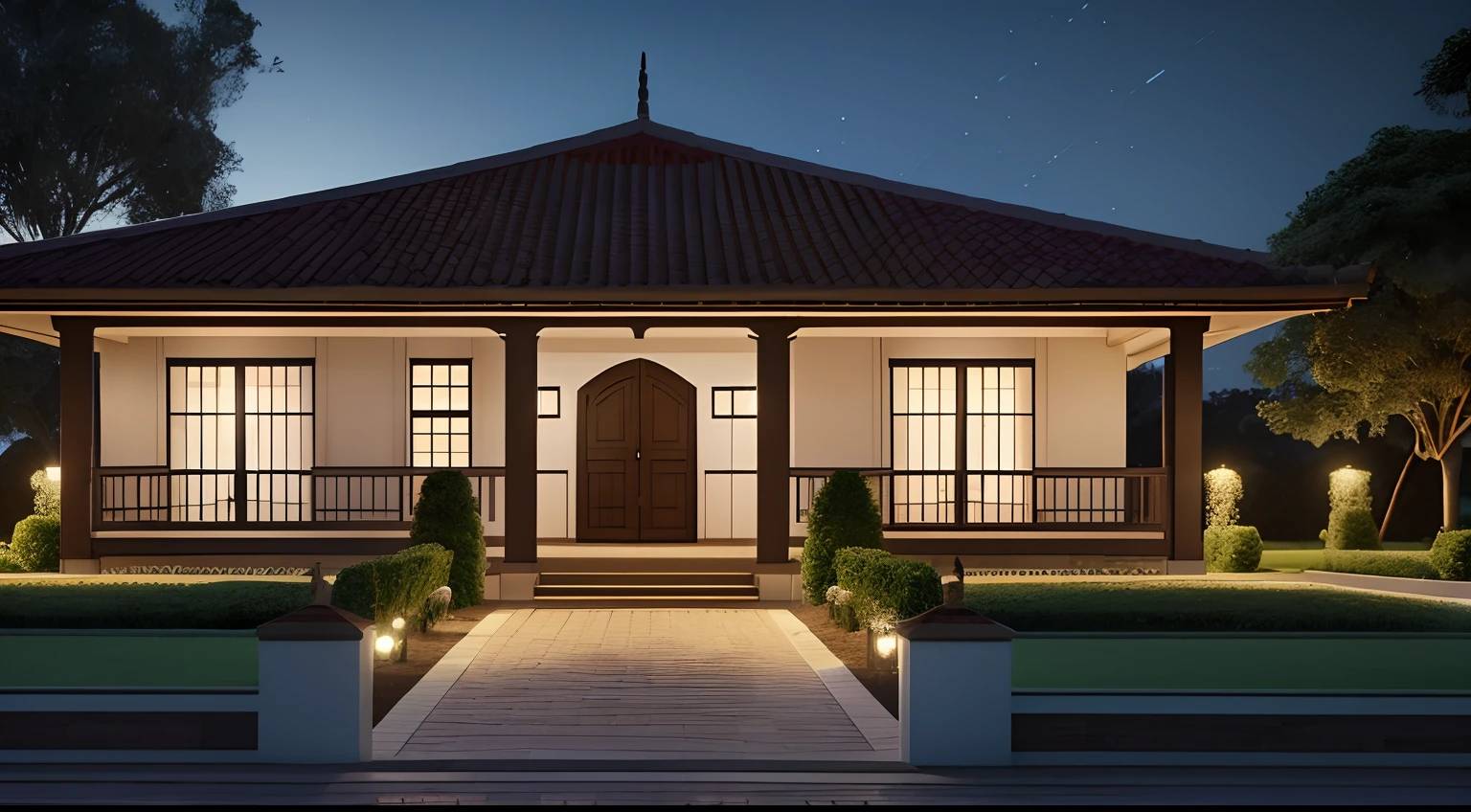 casa grande no meio da floresta,((estilo colonial)) Front view, campo gramado, night ligthning, super detalhada, Lumion Pro rendering, cinematic rendering