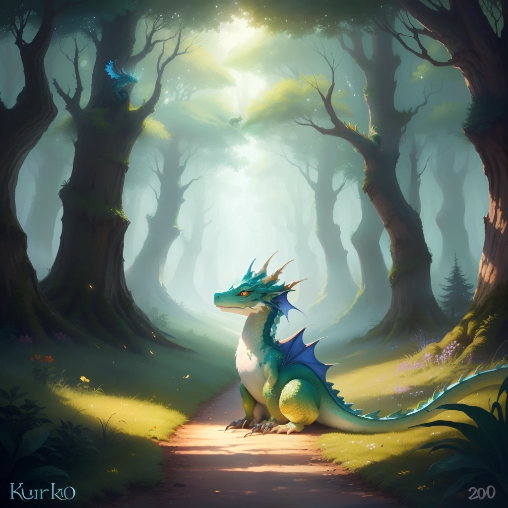 Draw a small friendly dragon in a magical forest.
kurilko2010@mail.ru