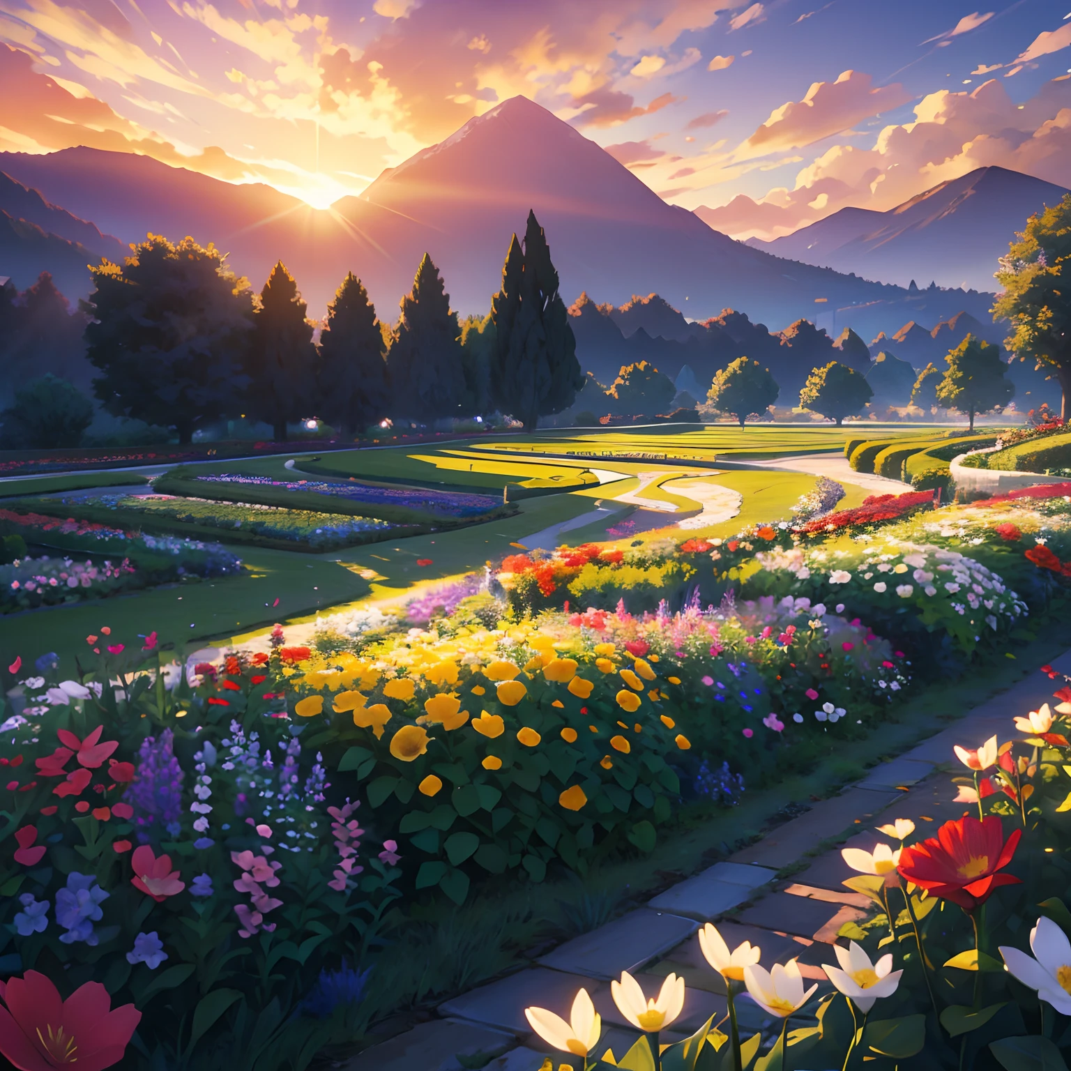 Beautiful  flower garden in sunset hd