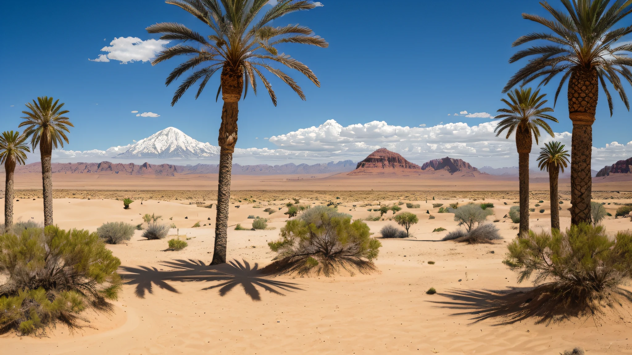 A vast desert with towering sand dunes and a distant oasis, with new geological formations and rock formations, The sand dunes are so tall that they cast long shadows across the landscape, The oasis is a lush green haven in the midst of the barren desert, with palm trees, a crystal clear pool of water, and strange new plants and animals, In the background - a mountain range rises up into the sky, with jagged peaks and new geological formations