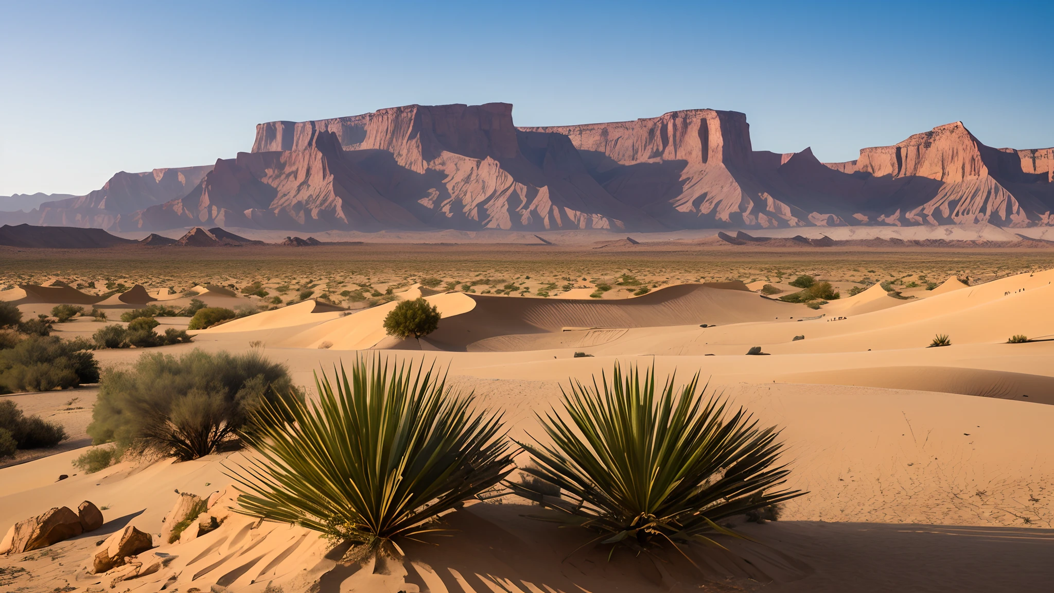 A vast desert with towering sand dunes and a distant oasis, with new geological formations and rock formations, The sand dunes are so tall that they cast long shadows across the landscape, The oasis is a lush green haven in the midst of the barren desert, with palm trees, a crystal clear pool of water, and strange new plants and animals, In the background - a mountain range rises up into the sky, with jagged peaks and new geological formations