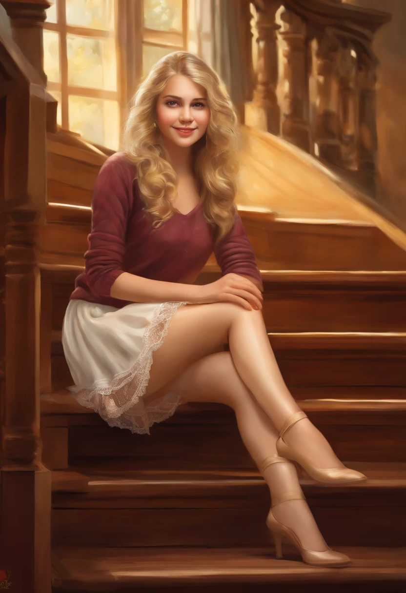 beautiful russian schoolgirl,blond hair,staircase,shy expression,upskirt view,sitting,white panties,innocent smile,vintage wood staircase,soft lighting,detail-oriented drawing,ultra-detailed illustration,realistic style,vivid colors,soft and warm color tones,masterpiece:1.2,high resolution scenery,photorealistic:1.37,professional painting,portrait