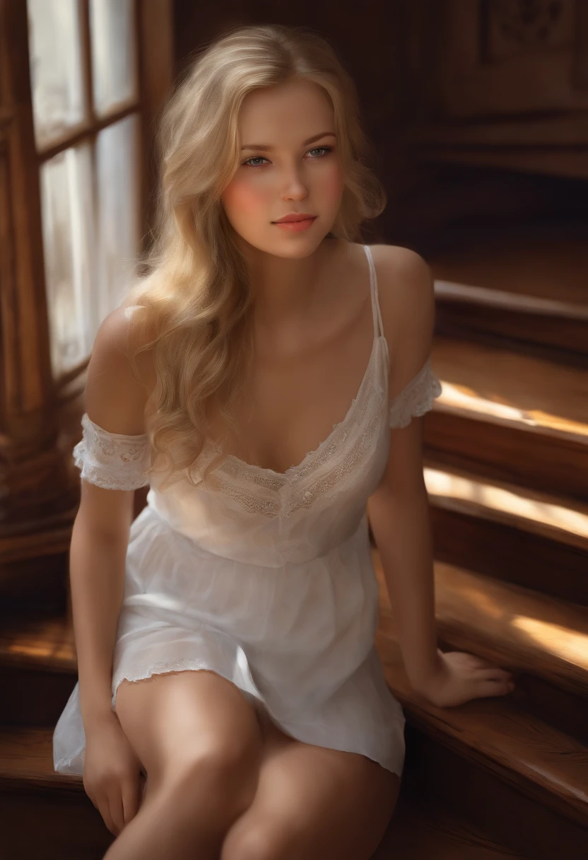 beautiful russian schoolgirl,blond hair,staircase,shy expression,upskirt view,sitting,white panties,innocent smile,vintage wood staircase,soft lighting,detail-oriented drawing,ultra-detailed illustration,realistic style,vivid colors,soft and warm color tones,masterpiece:1.2,high resolution scenery,photorealistic:1.37,professional painting,portrait