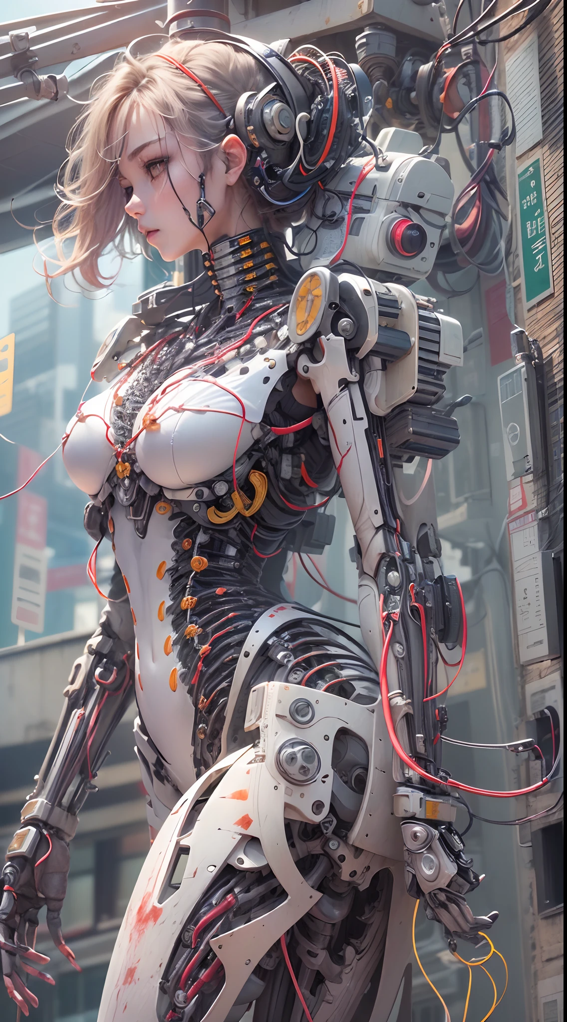 (((Masterpiece))), (((Best quality))), ((Ultra-detailed)), (Highly detailed CG illustration), ((An extremely delicate and beautiful)),(cute delicate face),Cinematic light,((1机械女孩)),Solo,cabellos largos dorados(full bodyesbian),(machine made joints:1.4),((Mechanical limb)),(blood vessels attached to the tube),((Mechanical vertebrae attached to the back)),((mechanical cervial attaching to neck)),(wires and cables attached to head and body:1.5),((((Standing in the heart of the city))),Science fiction
