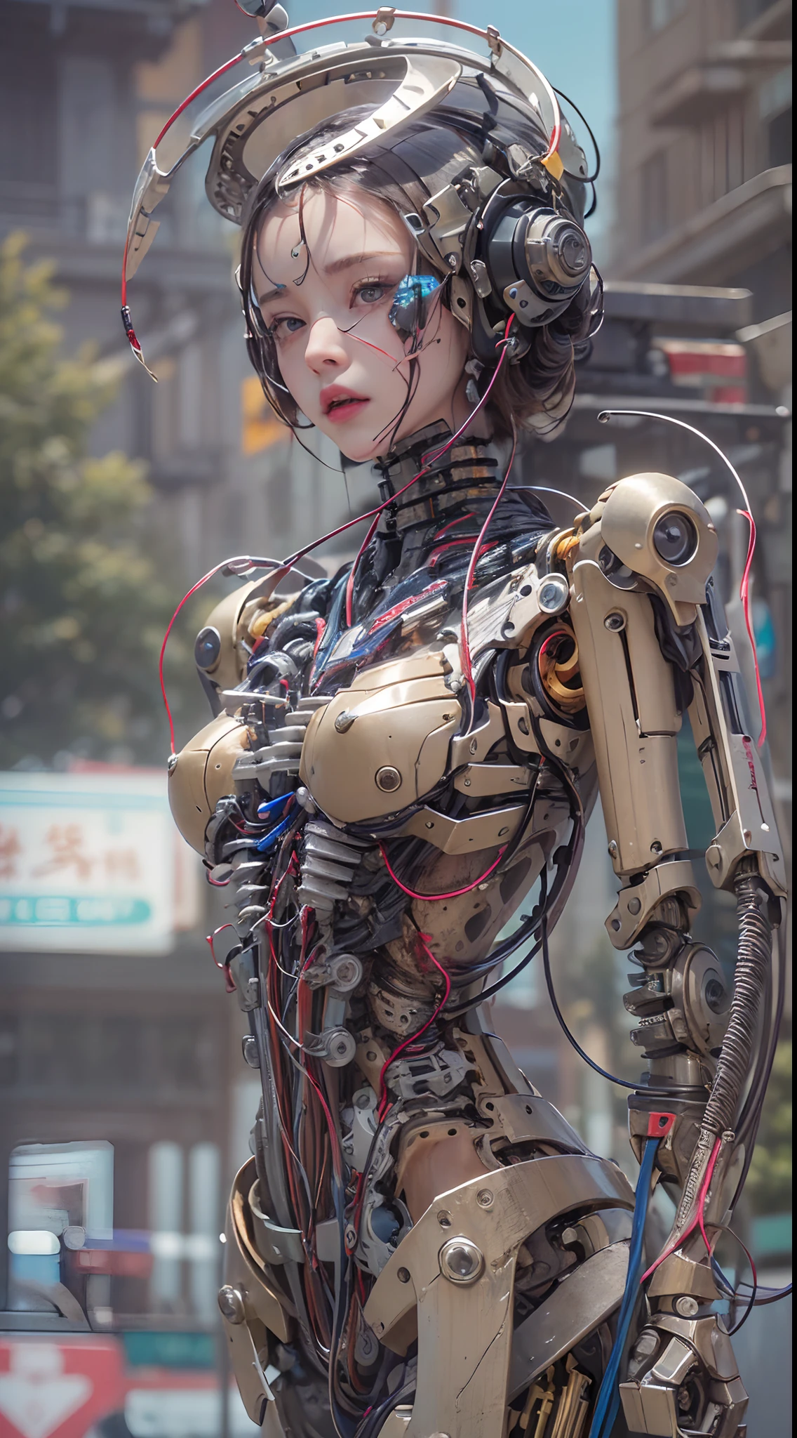 (((Masterpiece))), (((Best quality))), ((Ultra-detailed)), (Highly detailed CG illustration), ((An extremely delicate and beautiful)),(cute delicate face),Cinematic light,((1机械女孩)),Solo,cabellos largos dorados(full bodyesbian),(machine made joints:1.4),((Mechanical limb)),(blood vessels attached to the tube),((Mechanical vertebrae attached to the back)),((mechanical cervial attaching to neck)),(wires and cables attached to head and body:1.5),((((Standing in the heart of the city))),Science fiction