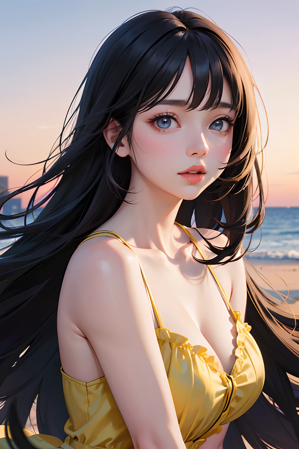 girl wearing yellow dress, long black hair, blue eyes, pink cheeks and lips, portrait mode, 8k, sky background