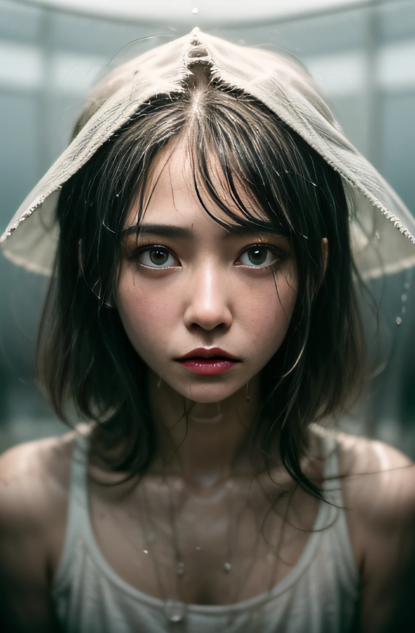 (Cinematic tones)(The film is in a cool gray tone)(Wet clothes:1.9),(Get wet all over your body:1.9),Top image quality, tmasterpiece, 超高分辨率, (Fidelity:1.4), photore,deluge, stunningly beautiful woman, (Sorrow), white shirt, dim murky lights, shadowy, Desperate, Pity, Pathetic, Cinematic, Tears, tear drop, (ripped clothing:1.5), (Wet clothes:1.4), bare shoulders, Real rain, wetting hair