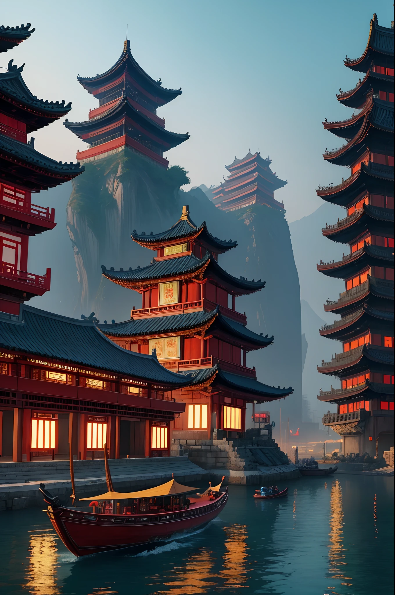 painting of a chinese city with a boat in the water, cyberpunk chinese ancient castle, concept art wallpaper 4k, amazing wallpaper, 4k highly detailed digital art, 4k fantasy art, 8k high quality detailed art, andreas rocha style, ancient city landscape, 2. 5 d cgi anime fantasy artwork, 8k stunning artwork, highly detailed fantasy art