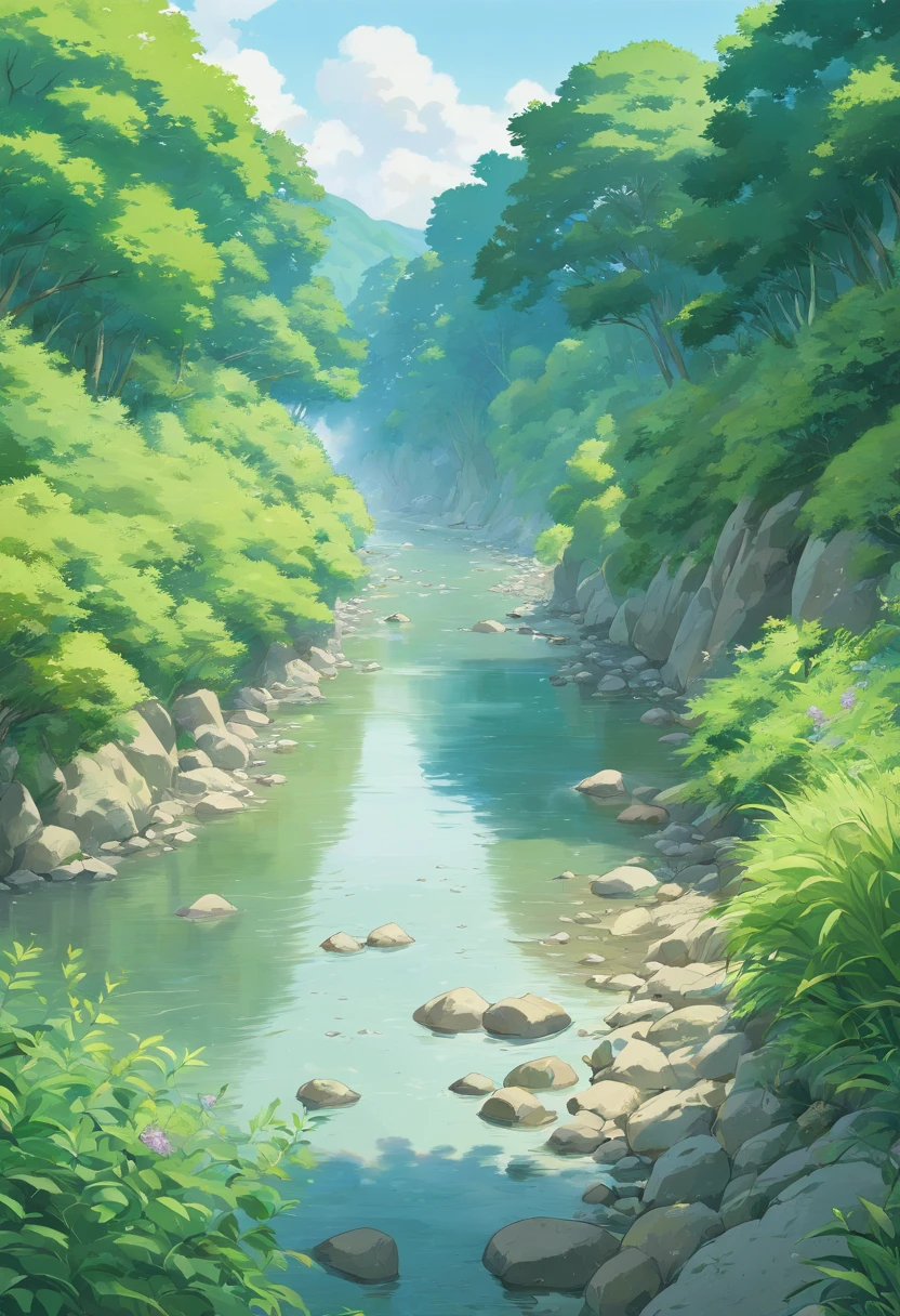River bed, ((wide river)), vegetation all around , point of view from river side close to the water, grey sky, gentle slope on both river sides
