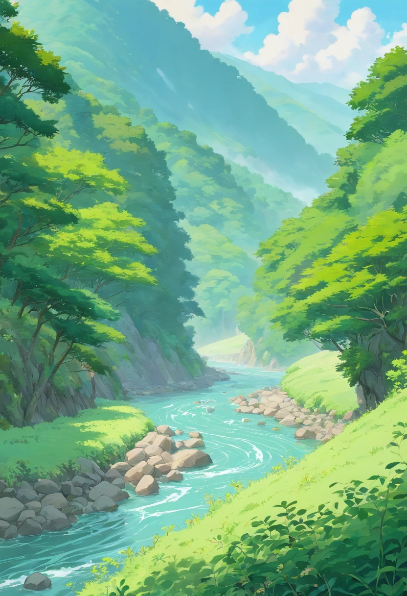 River bed, ((wide river)), vegetation all around , point of view from river side close to the water, grey sky, gentle slope on both river sides