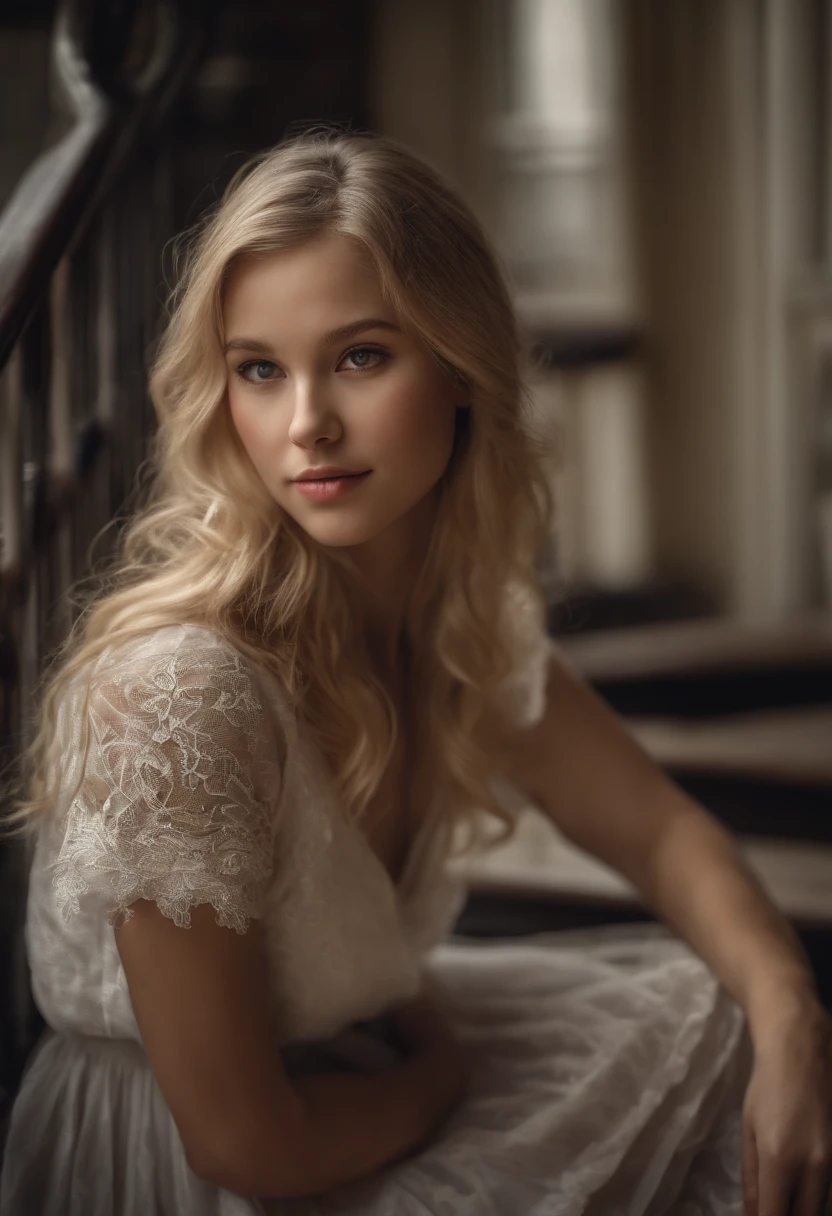 beautiful russian schoolgirl,blond hair,staircase,shy expression,upskirt view,sitting,white panties,innocent smile,vintage wood staircase,soft lighting,detail-oriented drawing,ultra-detailed illustration,realistic style,vivid colors,soft and warm color tones,masterpiece:1.2,high resolution scenery,photorealistic:1.37,professional painting,portrait