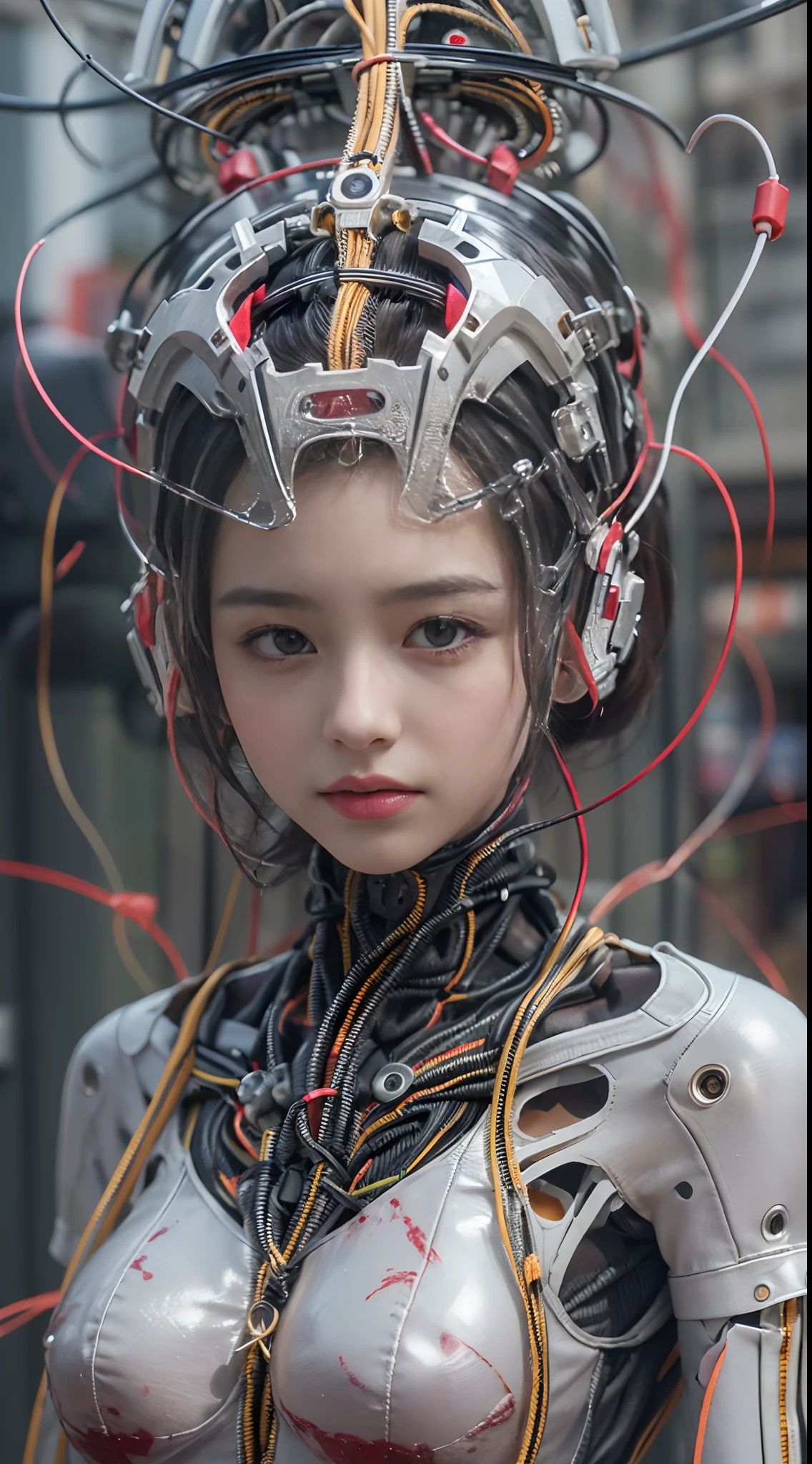 (((Masterpiece))), (((Best quality))), ((Ultra-detailed)), (Highly detailed CG illustration), ((An extremely delicate and beautiful)),(cute delicate face),Cinematic light,((1机械女孩)),Solo,full bodyesbian,(machine made joints:1.4),((Mechanical limb)),(blood vessels attached to the tube),((Mechanical vertebrae attached to the back)),((mechanical cervial attaching to neck)),(wires and cables attached to head and body:1.5),((((Standing in the heart of the city))),Science fiction