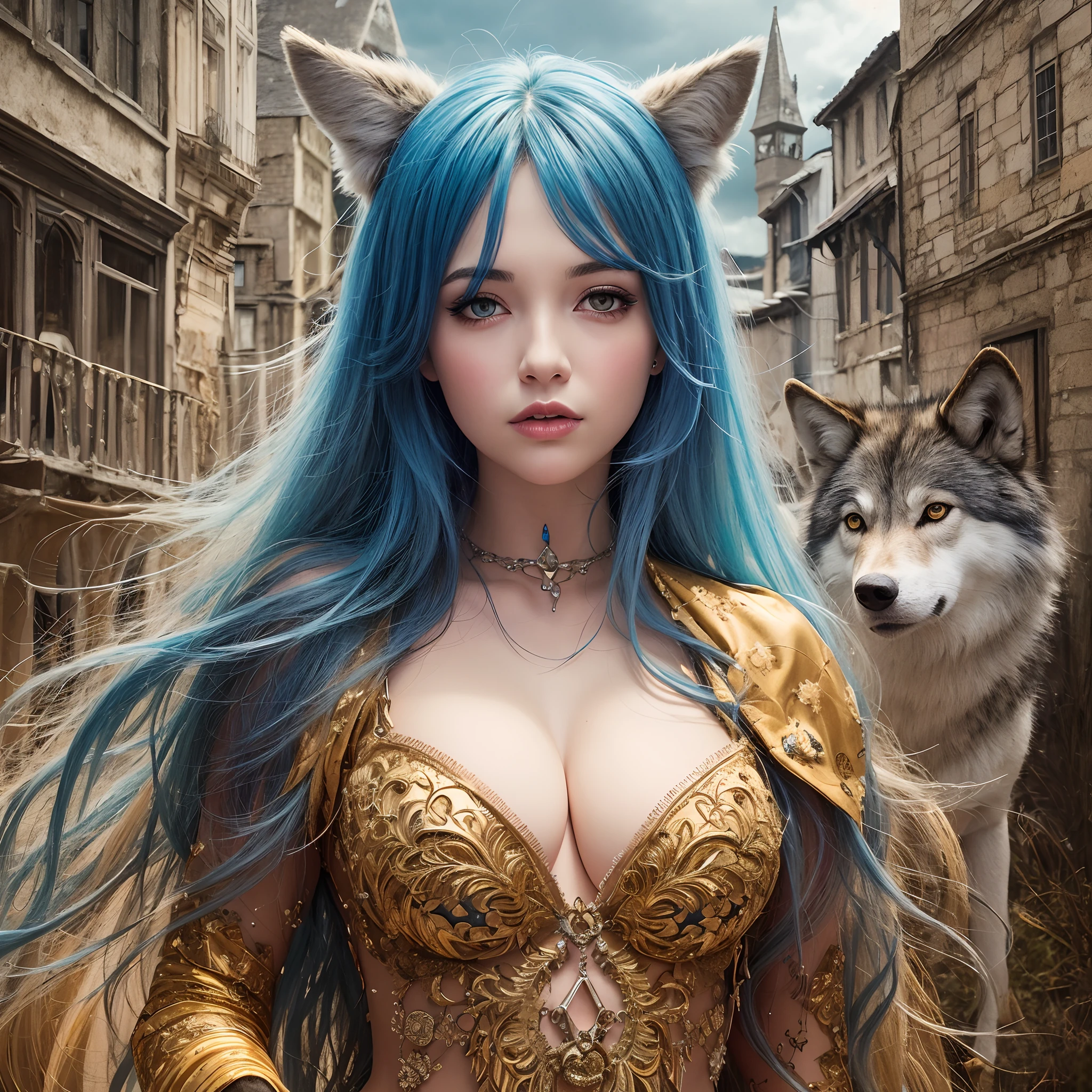 Medieval setting with a woman wearing tattered clothes in blue, yellow, orange, and white colors, standing in front of the observer, alongside a wolf, against the backdrop of a complex medieval village. The colors are vivid, and the details are intricate. Inspired by the styles of Boris Vallejo, Luis Royo, and Anna Dittmann for a realistic photograph in the Fujifilm XT3 style. --auto --s2