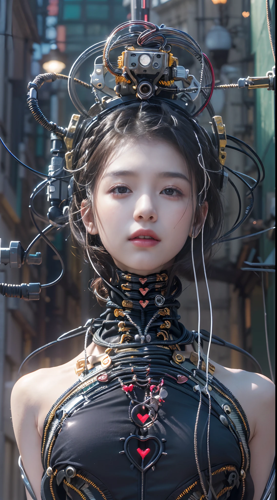 (((Masterpiece))), (((Best quality))), ((Ultra-detailed)), (Highly detailed CG illustration), ((An extremely delicate and beautiful)),(cute delicate face),Cinematic light,((1机械女孩)),Solo,(full bodyesbian),(machine made joints:1.4),((Mechanical limb)),(blood vessels attached to the tube),((Mechanical vertebrae attached to the back)),((mechanical cervial attaching to neck)),(wires and cables attached to head and body:1.5),((((Standing in the heart of the city))),Science fiction