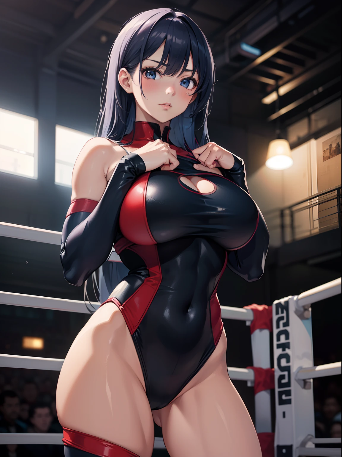 (Best quality,4K,8K,A high resolution,Masterpiece:1.2),Ultra-detailed,(Realistic,Photorealistic,photo-realistic:1.37),hdr,hyper HD,Studio lighting,Ultra-fine painting,Sharp focus,Physically-based rendering,Extreme detail description,professional,Vivid colors,Bokeh,sportrait,landscape,Horror,anime big breast,Sci-fi,Photography,Concept artist,Five fingers,huge tit,Buttock augmentation,Bursting chest,A lady,Dirt and long legs,Fitness model,Deep blue hair,Height 165cm,Long hair, Fair skin,Nervous and shy expressions, perspire, Blushing, in black tight bodysuit, Clench your hands into fists, Stand in the wrestling ring,A group of men were surrounded,Full body view,Cospaly Promotion,All roles,Shot with Canon 5D MK4,Cospali photo.