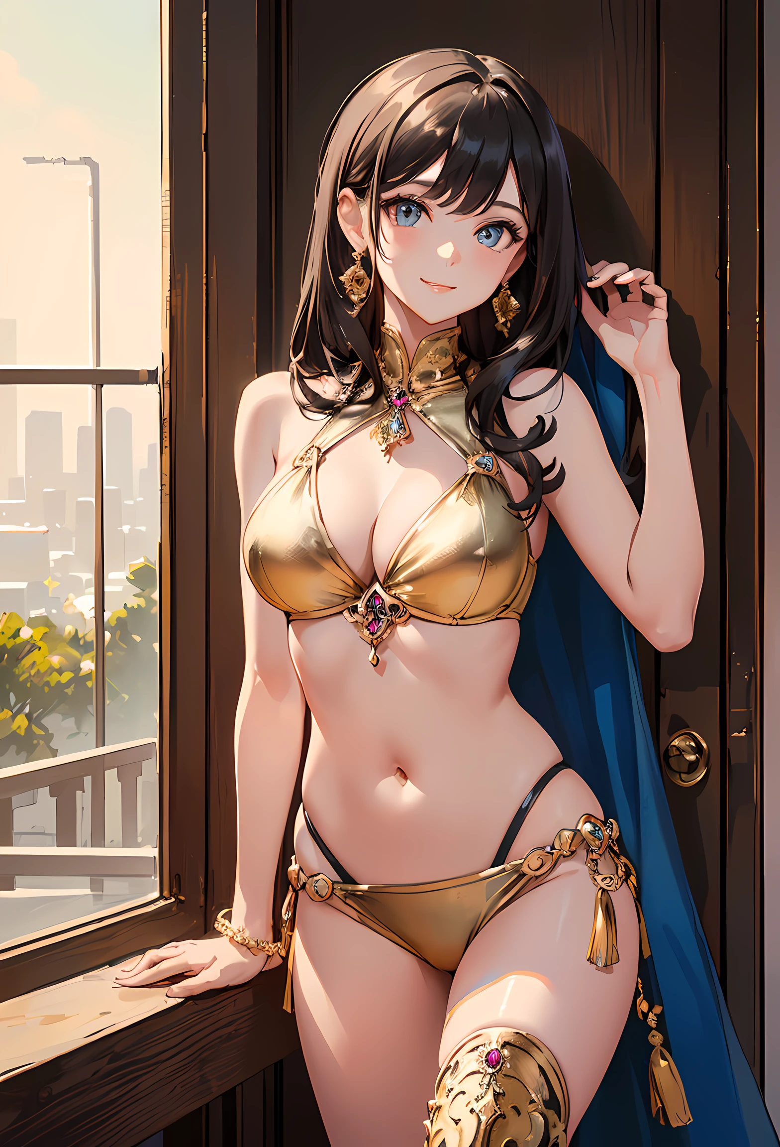 (master piece:1.5),(Best Quality:1.5),(ultra-detailliert:1.5),(8K:1.5),(superfine illustration:1.5),Pretty girl,Smile,Beautiful eyes and hair,(Metallic Gold,bikini of:1.4),(Sexy Pose:1.5),to stand,Cowboy Shot,(Sunset Lake),soft sunset,Dynamic Angle,blue tone、