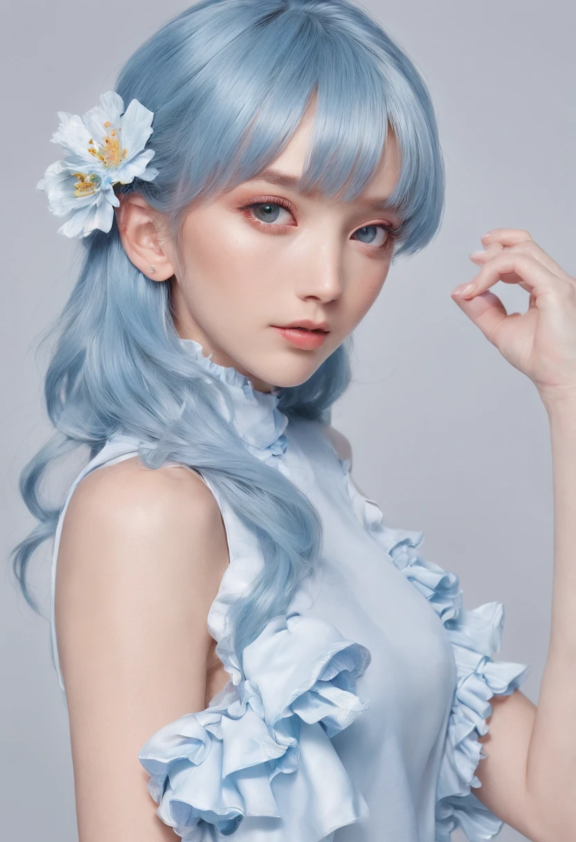 (Masterpiece), (Best Quality), (Ultra Detailed),(Ruffle your hair),(illustartion), (1girl), (trendy clothes), Standing, Model, looking a viewer, (interview), (Simple background), beautiful detail eyes, delicate beauty, Floating, (high saturation), (Colorful splash), colorful bubbles, (shine), Focus on the face, pony tail, Ayaka Kamisato, light-blue hair, Bangs, scrunchie, Floating flowers, floting hair, (glittering), better lighting, best shadows, perfect arms