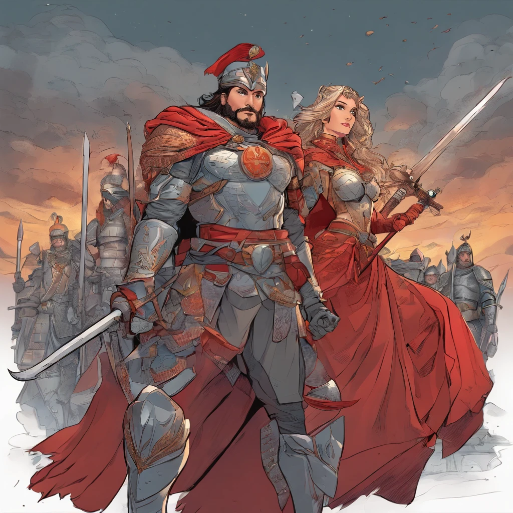 Centurion warriors, red and grey, male and female working together, man and woman side by side, happy, celebrating, Full body Beautiful anime style girl, clean detailed faces, intracate clothing, analogous colors, glowing shadows, beautiful gradient, depth of Fidel, clean image, high quality, high detail, high definition, Luminous Studio graphics engine, cute face, heroic, sword, Victoria