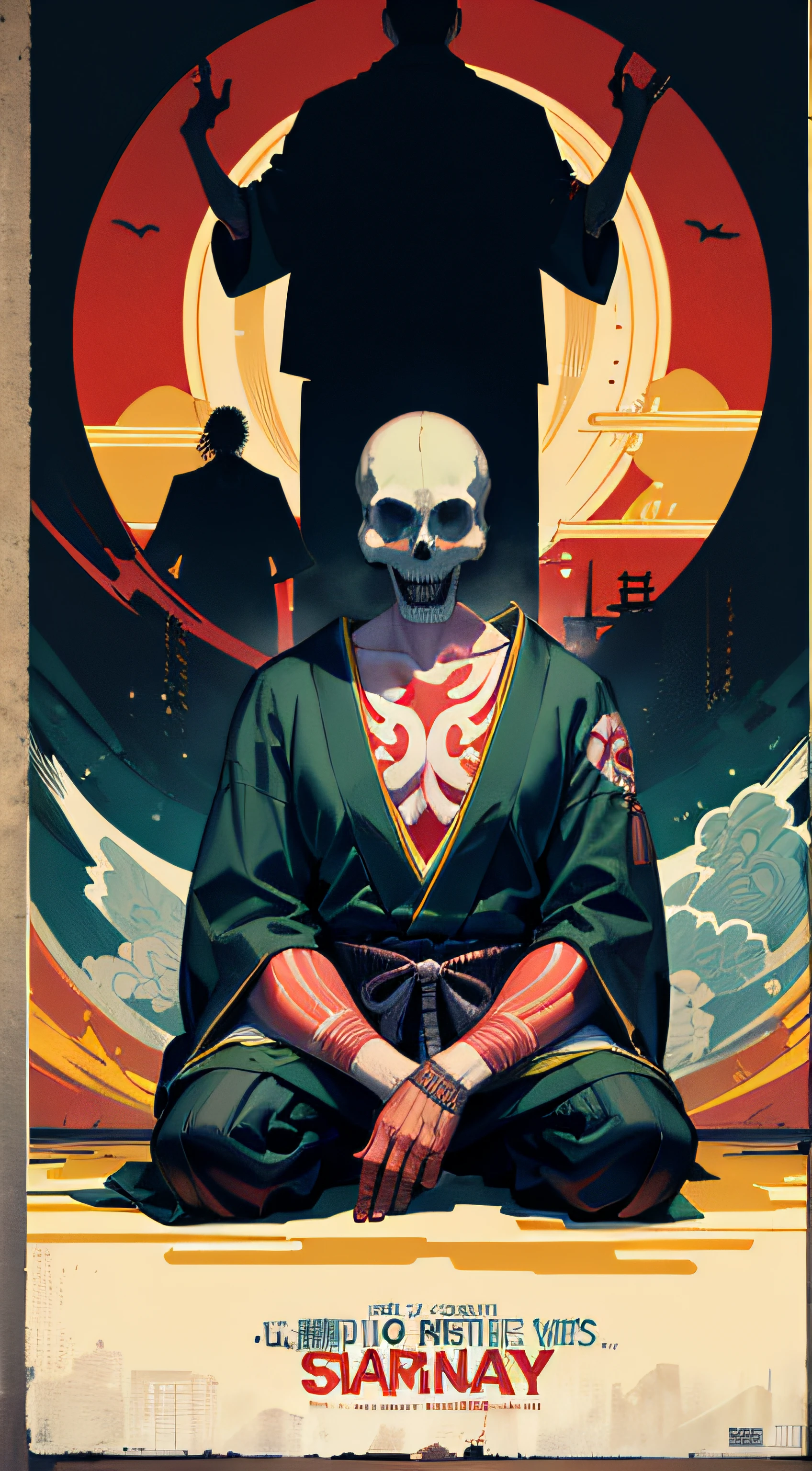 Movie Poster, horror Movies,Movie Based Foundation (((man))), (((masterpiece))), (((AS-Adult))), ((( Japanese ))), Look up from your knees, zombie samurai, ((( Asian))), katana, rotting flesh, skull, Simon Bisley, For high-resolution movie posters, hair straight, tribal tattoos, Japan