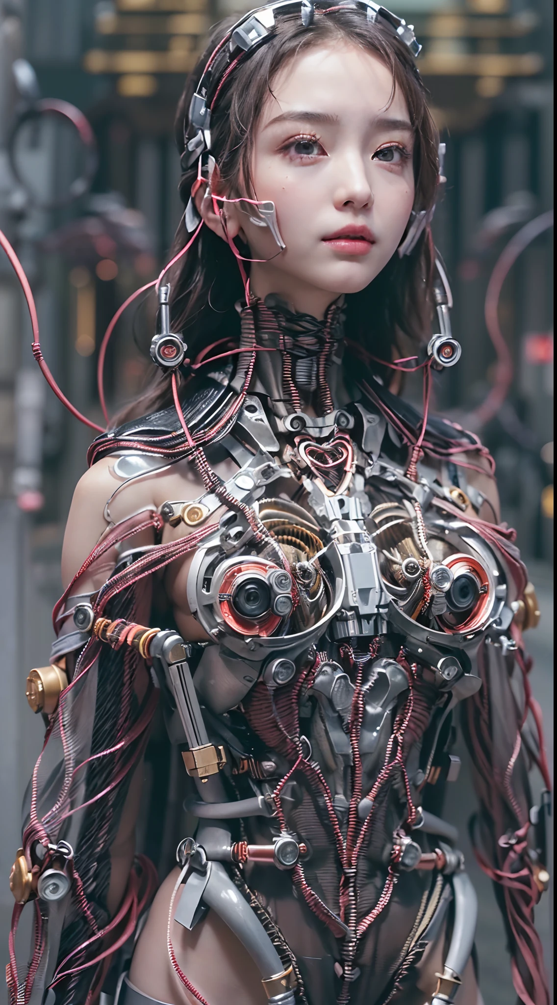 (((Masterpiece))), (((Best quality))), ((Ultra-detailed)), (Highly detailed CG illustration), ((An extremely delicate and beautiful)),(cute delicate face),Cinematic light,((1机械女孩)),Solo,full bodyesbian,(machine made joints:1.4),((Mechanical limb)),(blood vessels attached to the tube),((Mechanical vertebrae attached to the back)),((mechanical cervial attaching to neck)),(wires and cables attached to head and body:1.5),((((Standing in the heart of the city))),Science fiction