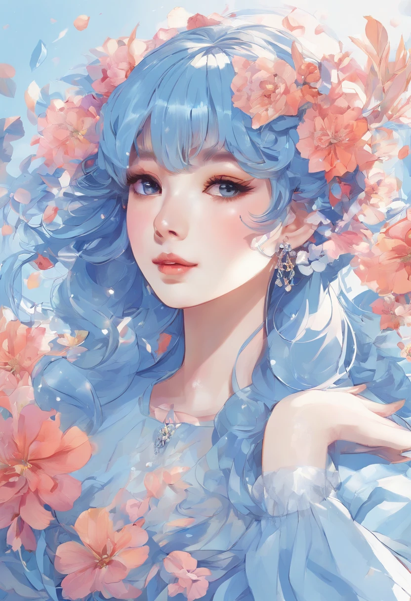 (Masterpiece), (Best Quality), (Ultra Detailed),(Ruffle your hair),(illustartion), (1girl), (trendy clothes), Standing, Model, looking a viewer, (interview), (Simple background), beautiful detail eyes, delicate beauty, Floating, (high saturation), (Colorful splash), colorful bubbles, (shine), Focus on the face, pony tail, Ayaka Kamisato, light-blue hair, Bangs, scrunchie, Floating flowers, floting hair, (glittering), better lighting, best shadows, perfect arms